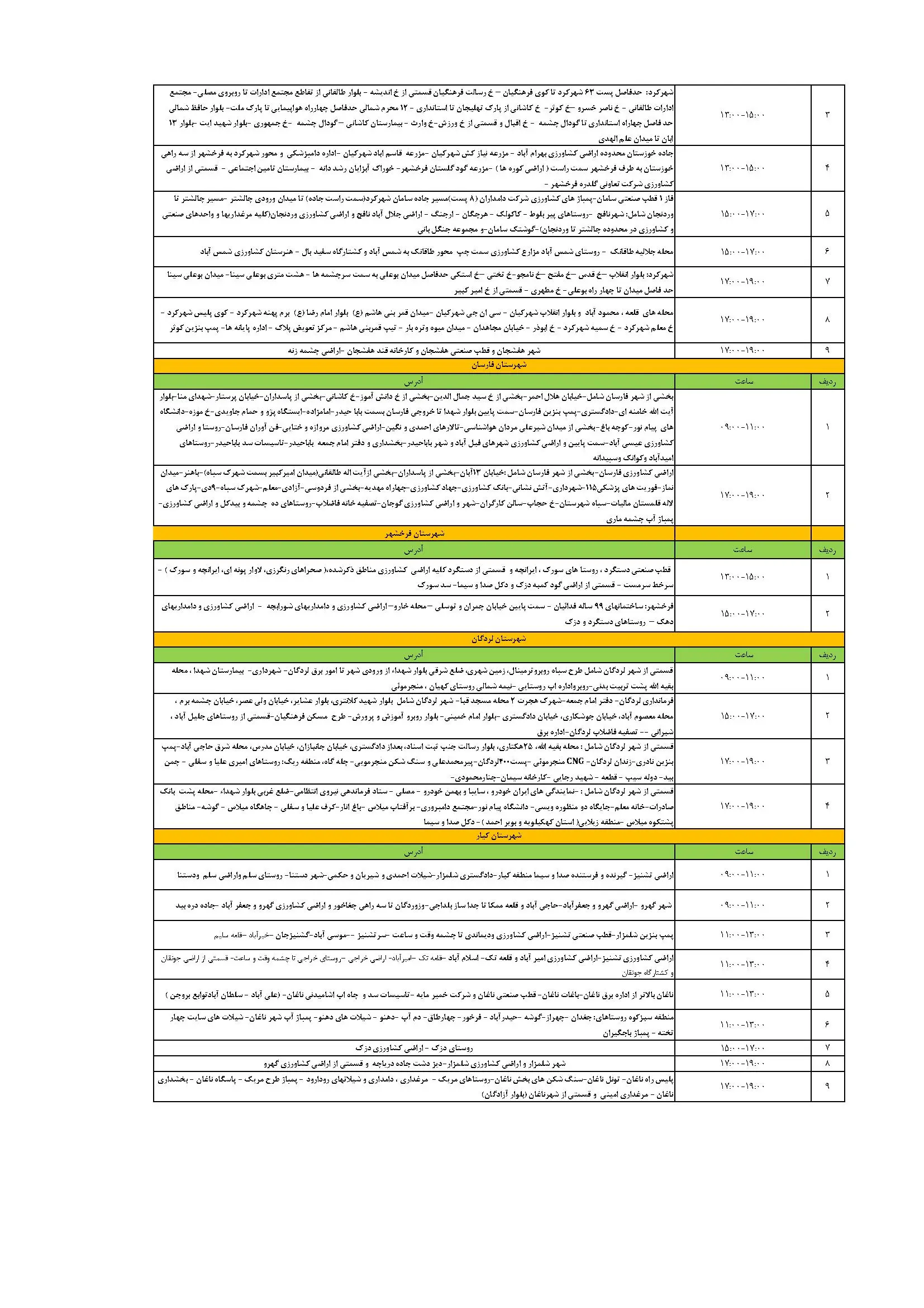 برنامه قطعی برق چهارمحال و بختیاری و شهرکرد یکشنبه ۲۸ اردیبهشت ۱۴۰۴