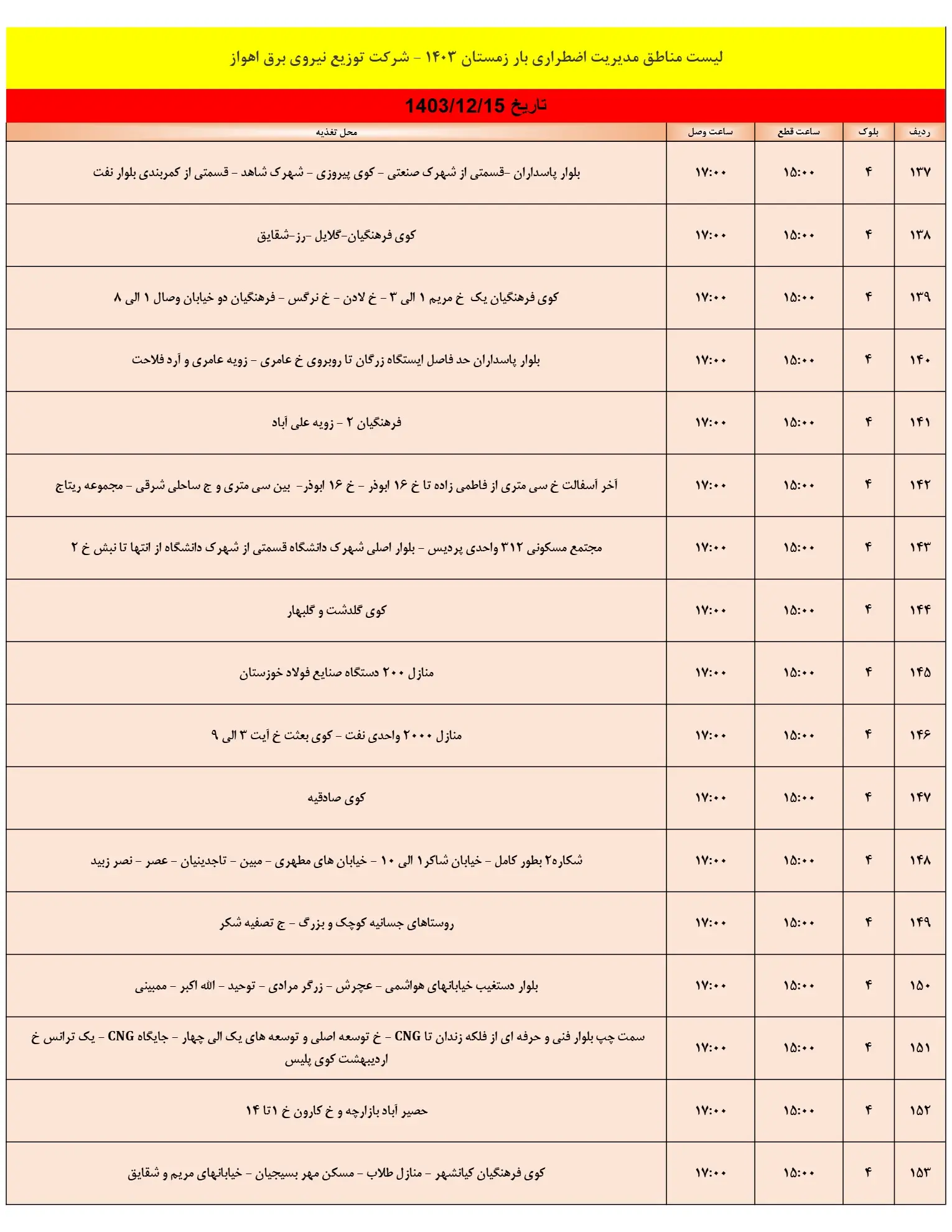 زمان قطعی برق اهواز15اسفند1403+جدول خاموشی برق اهواز و خوزستان15اسفند1403 (9)