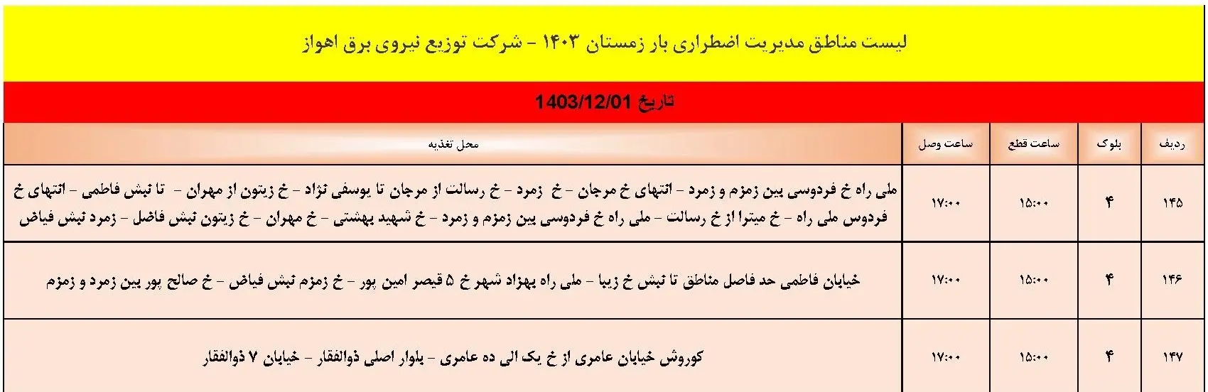 قطعی برق و جدول خاموشی برق اهواز 1 اسفند 1403 (9)