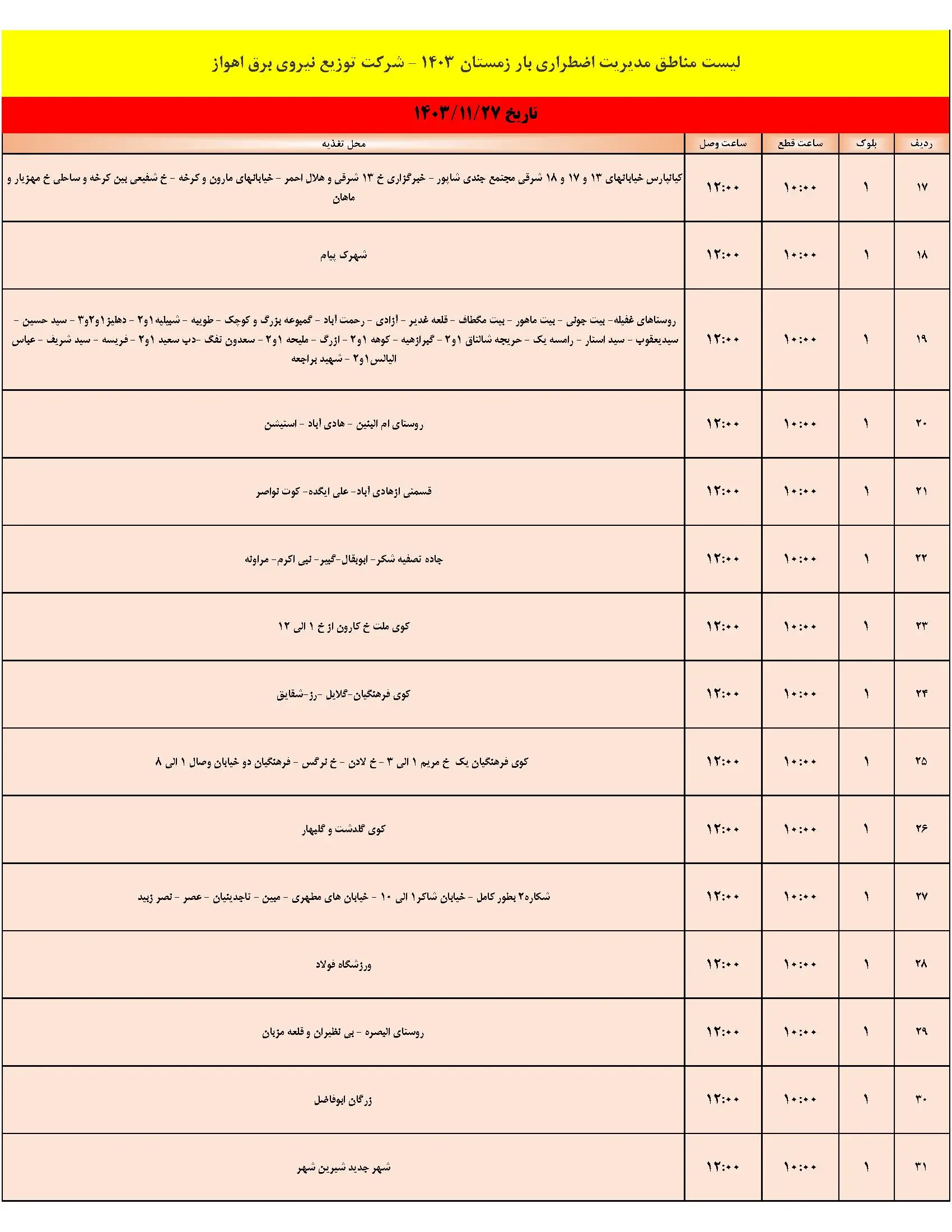 جدول خاموشی برق اهواز و برنامه قطعی برق شنبه 27 بهمن 1403 (2)