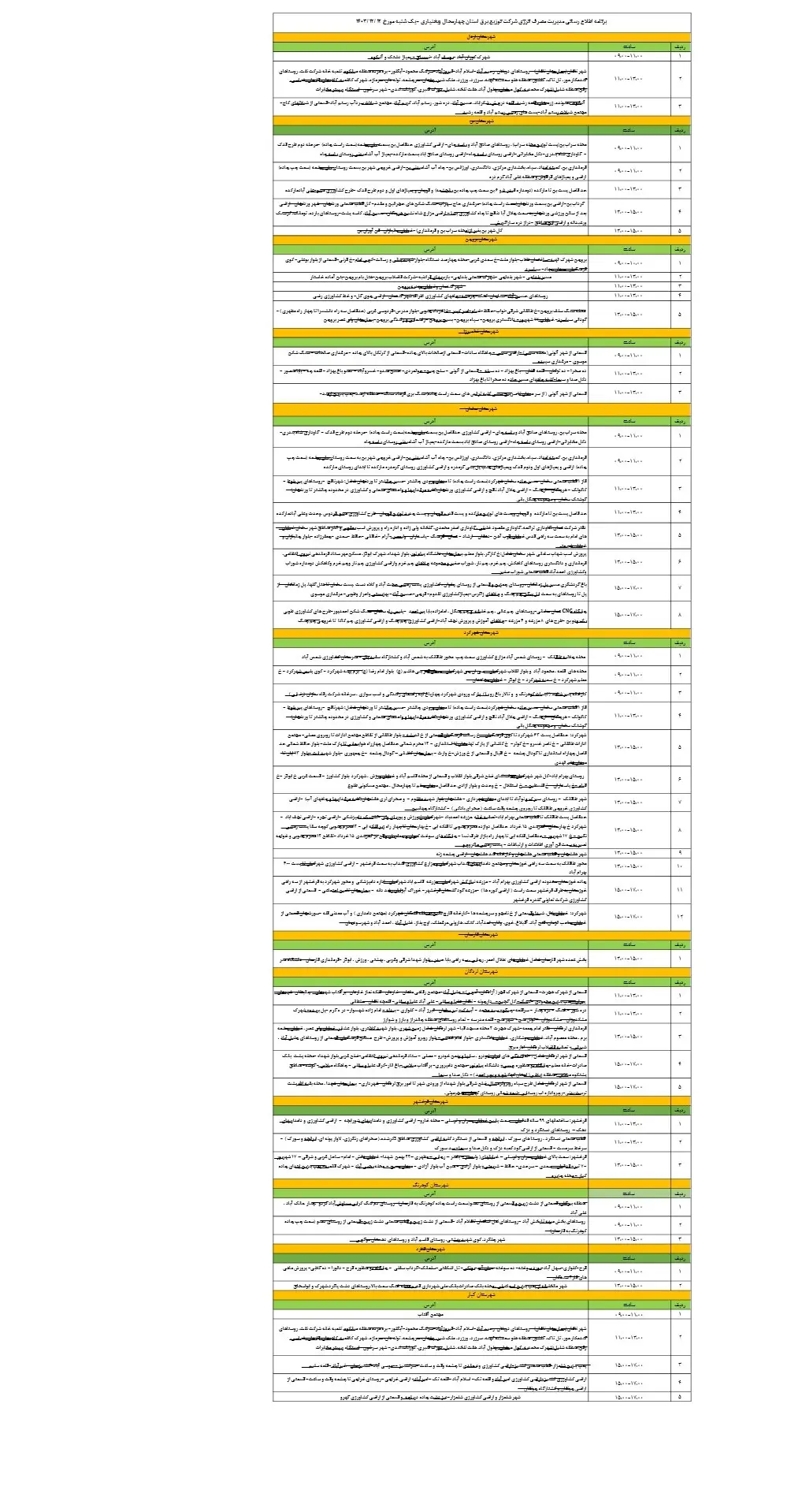 جدول قطعی برق چهارمحال و بختیاری 12اسفند1403