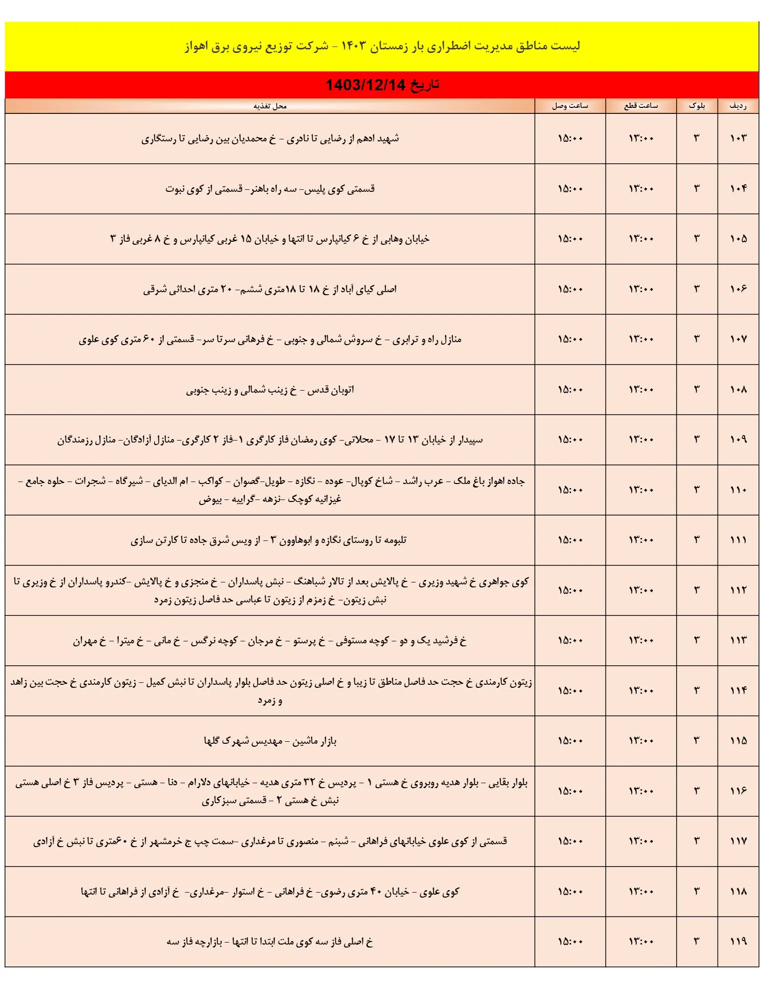 زمان قطعی برق اهواز14اسفند+جدول خاموشی برق خوزستان 14اسفند1403 (7)