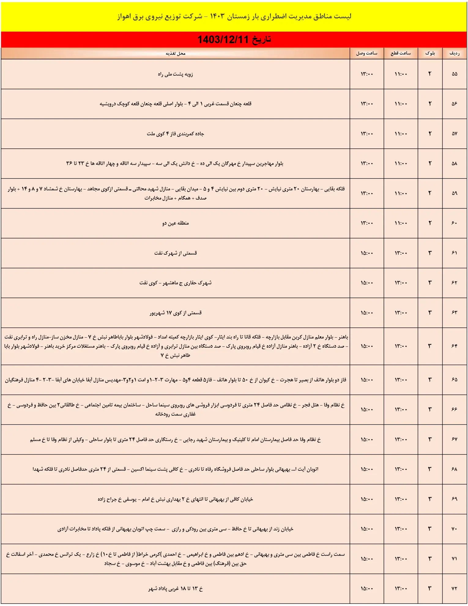 زمان قطعی برق اهواز11اسفند1403+جدول خاموشی برق خوزستان (4)