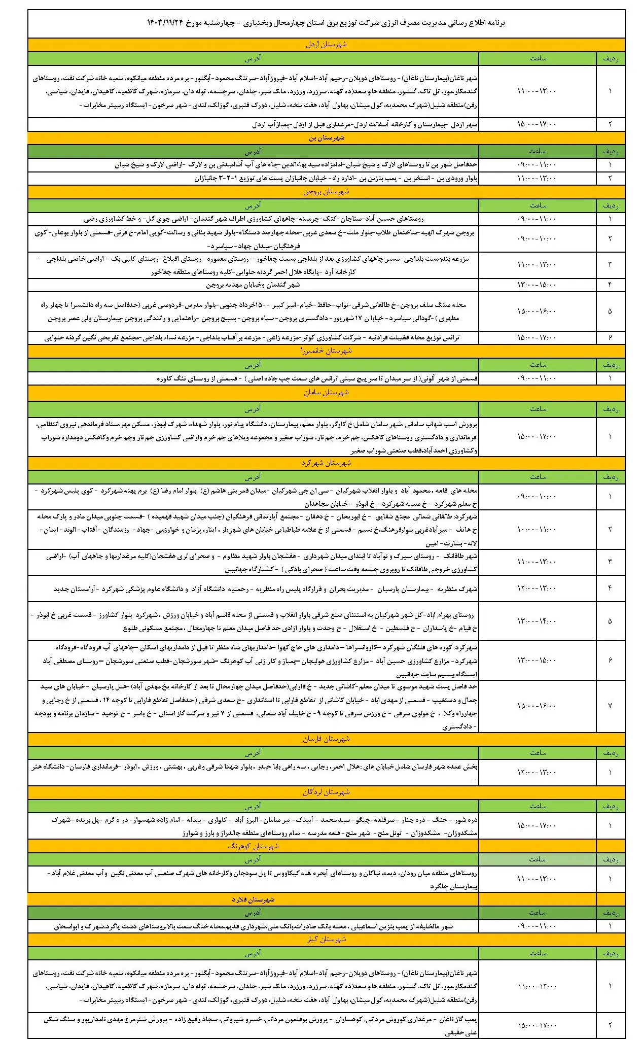 جدول خاموشی برق چهارمحال و بختیاری و برنامه قطهی برق