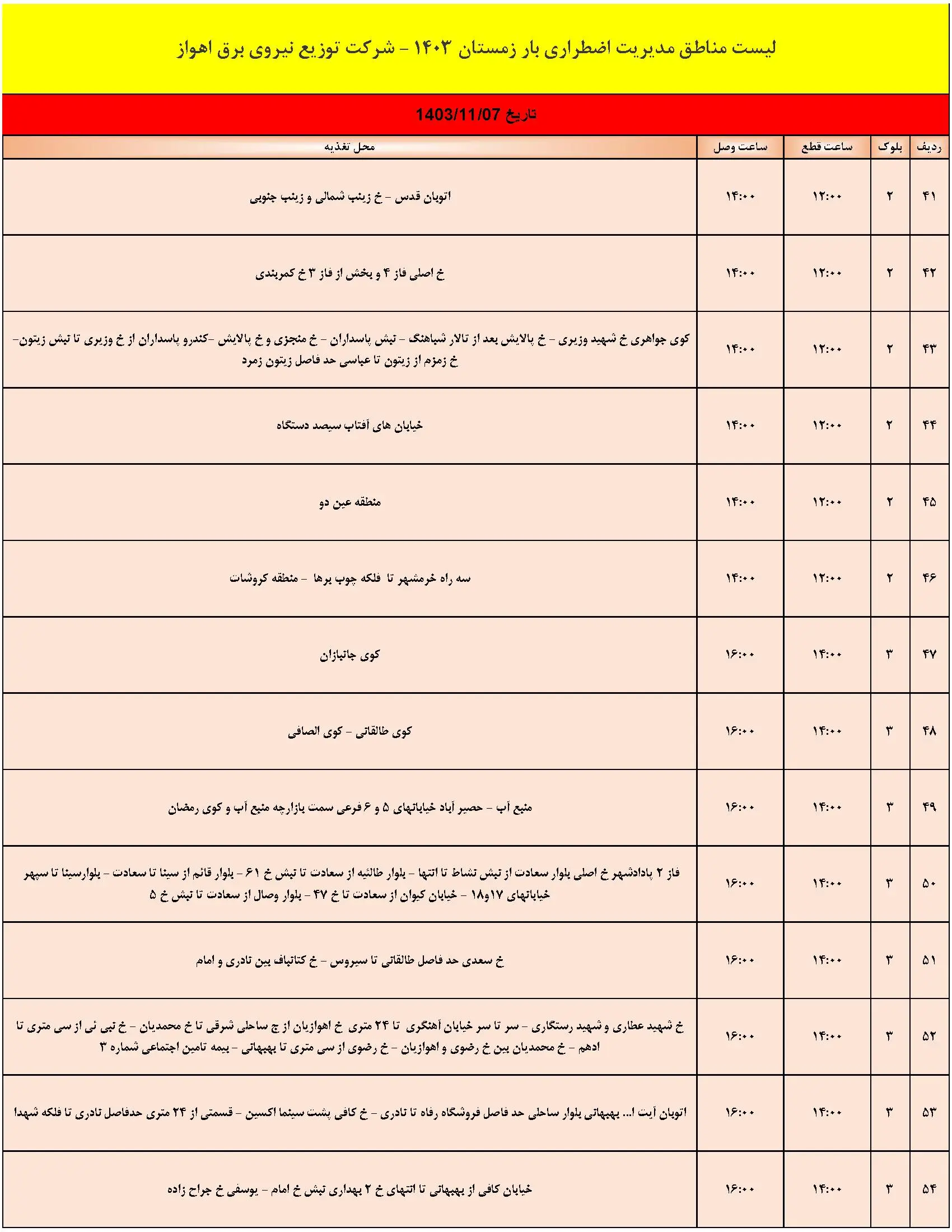 جدول خاموشی برق و قطعی برق اهواز امروز (4)