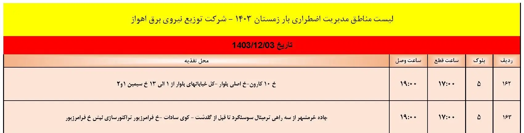 برنامه قطعی برق و جدول خاموشی برق اهواز جمعه  اسفند (9)