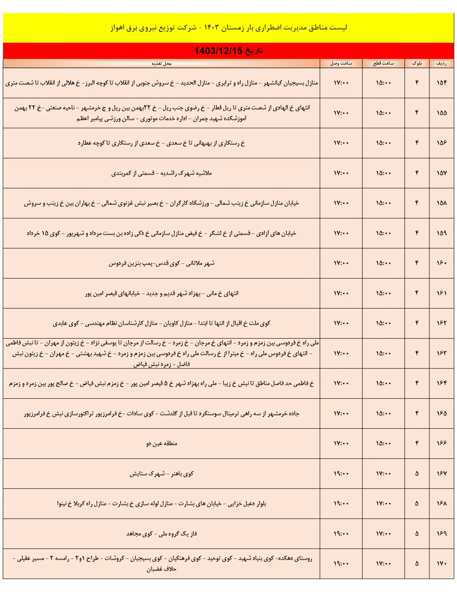 زمان قطعی برق اهواز15اسفند1403+جدول خاموشی برق اهواز و خوزستان15اسفند1403 (10)