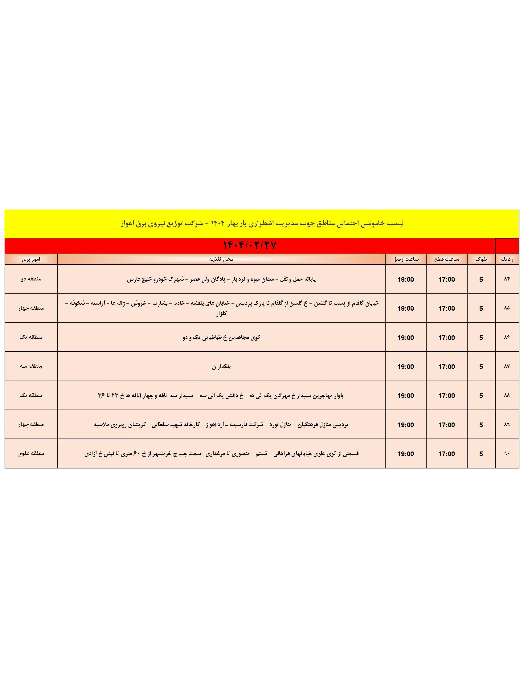 جدول قطع برق خوزستان و اهواز شنبه ۲۷ اردیبهشت ۱۴۰۴