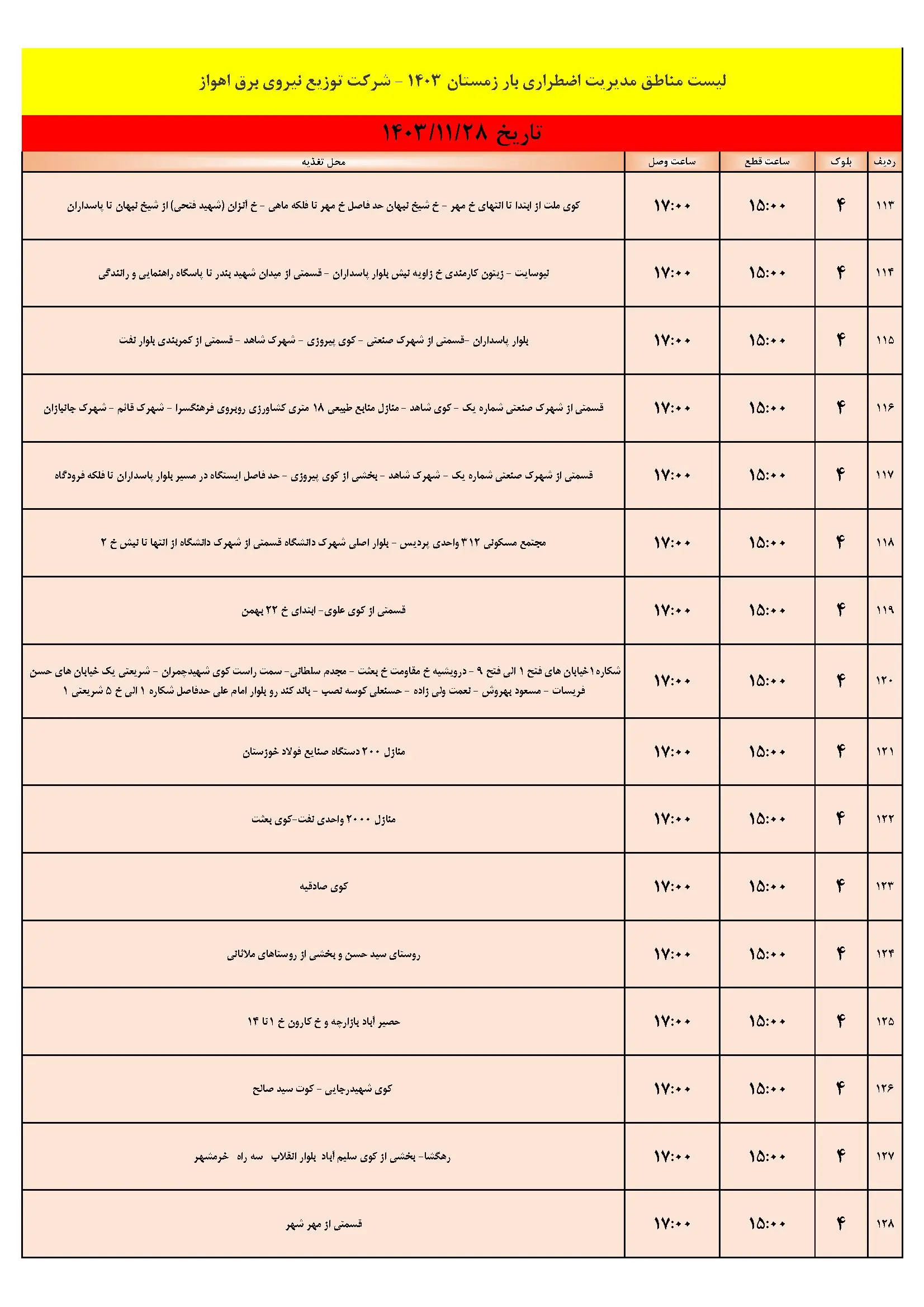 برنامه قطعی برق اهواز و جدول خاموشی برق اهواز یکشنبه 28 بهمن 1403 (9)