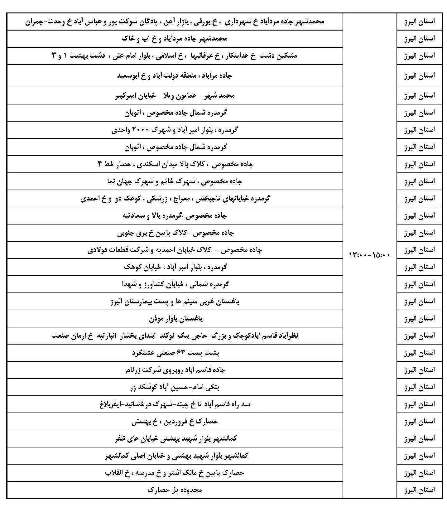 جدول خاموشی برق البرز و برنامه قطعی برق کرج (3)