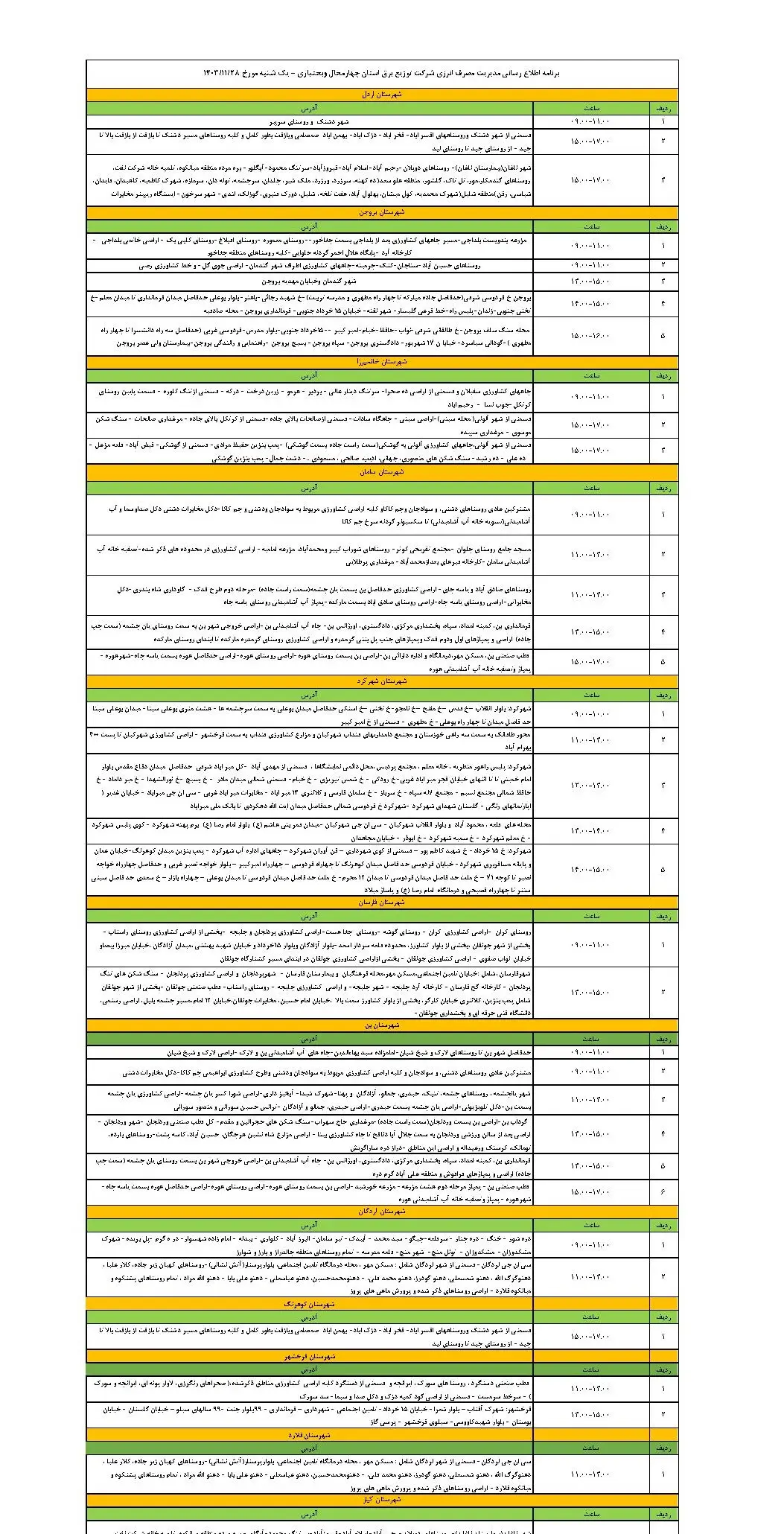 برنامه قطعی برق و جدول خاموشی برق چهارمحال و بختیاری