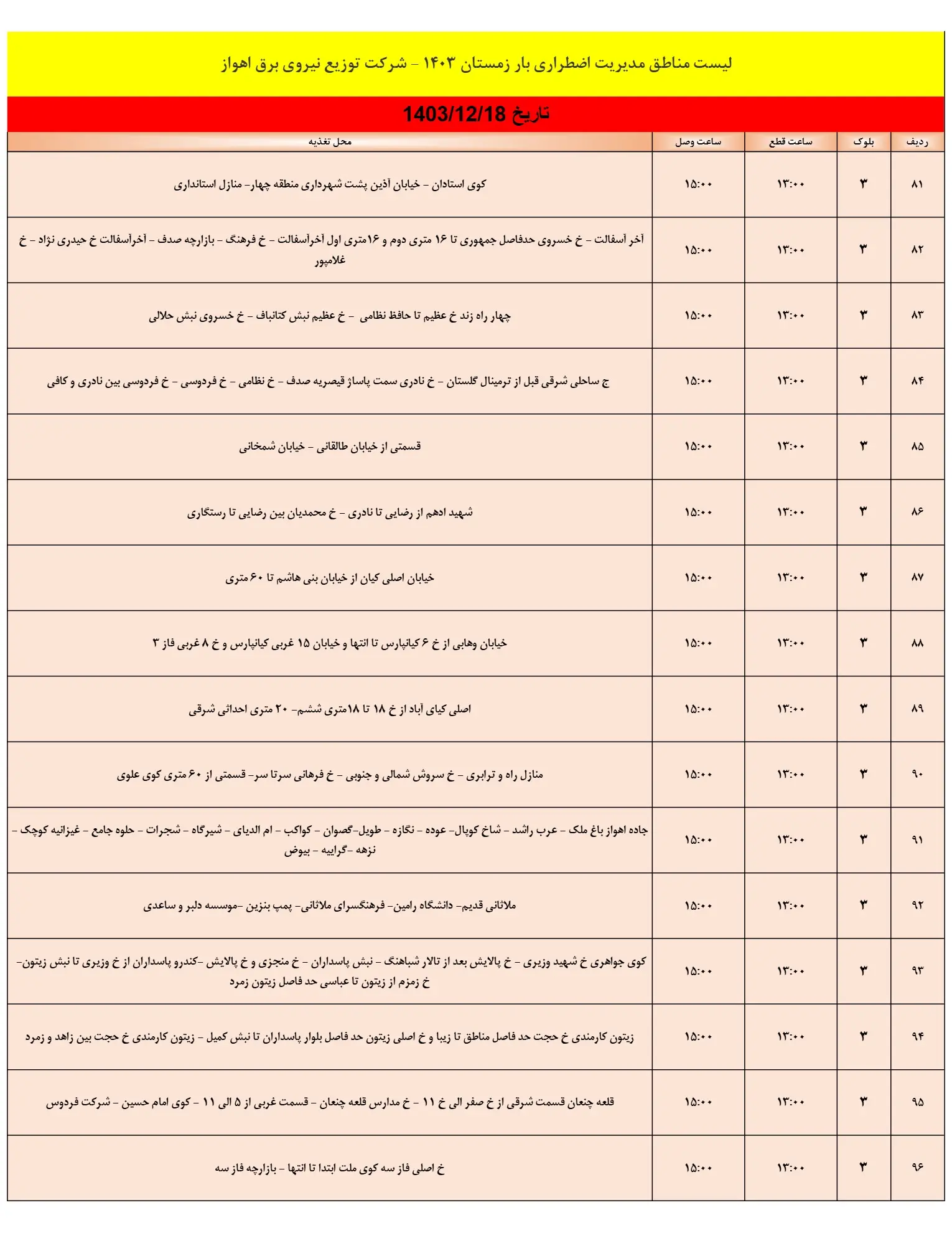 جدول خاموشی برق اهواز و زمان قطعی برق خوزستان شنبه18اسفند1403 (6)