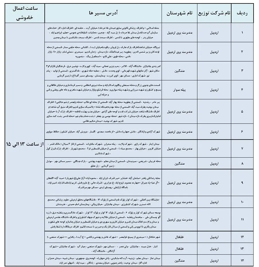 برنامه قطعی برق و جدول خاموشی برق اردبیل شنبه 27 بهمن 1403 (3)