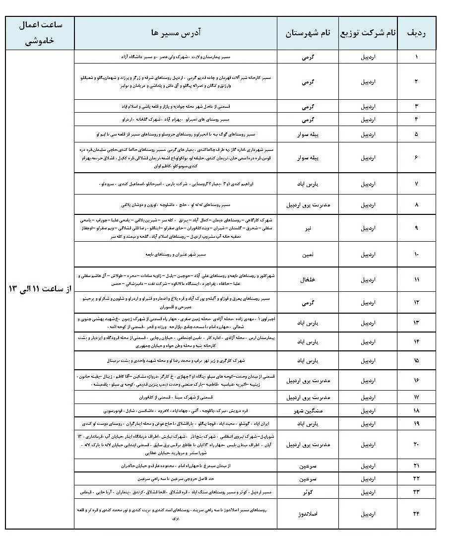 جدول خاموشی برق اردبیل و برنامه قطعی برق اردبیل چهارشنبه 24 بهمن ماه 1403 (2)
