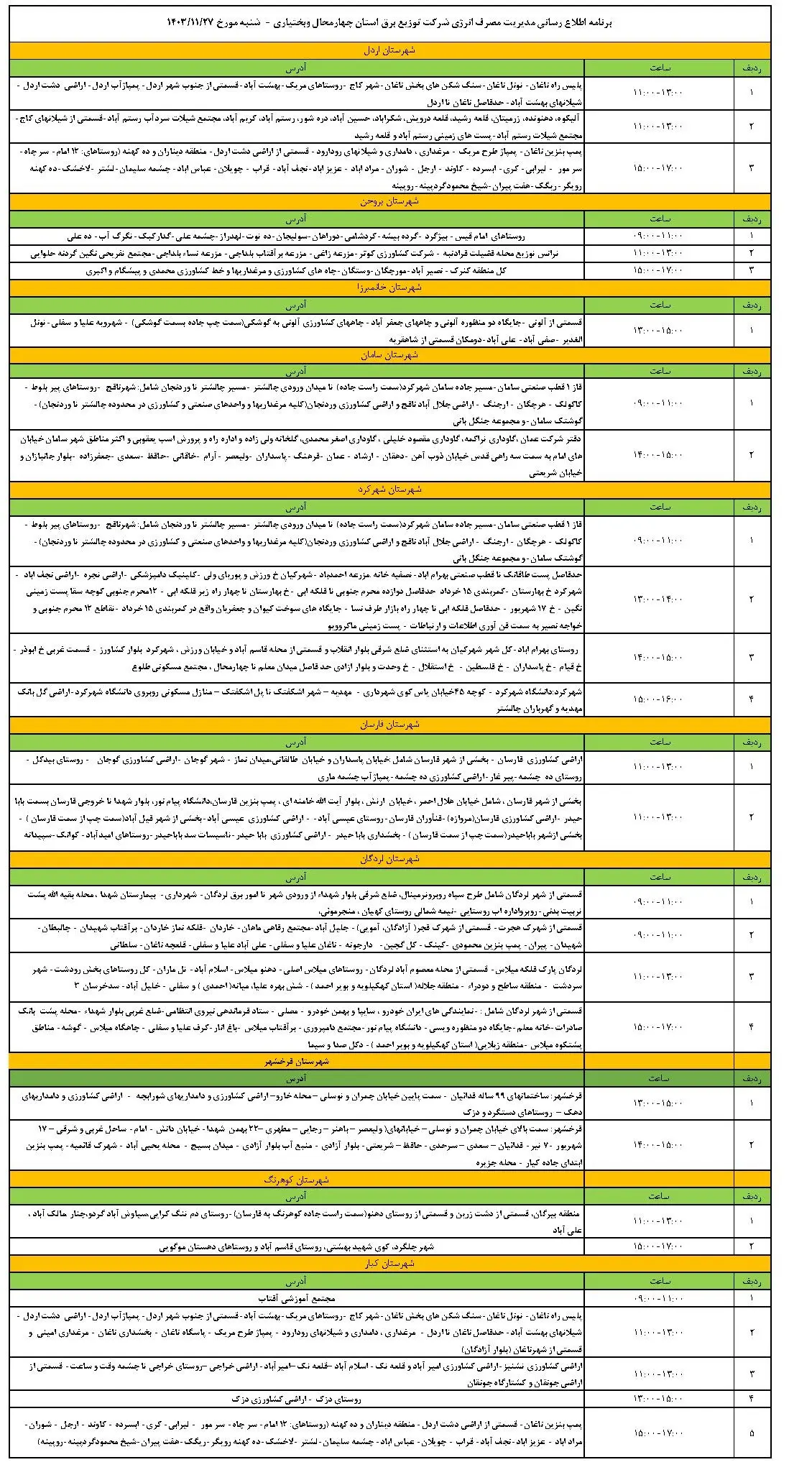 برنامه قطعی برق چهارمحالو بختیاری و جدول خاموشی برق شنبه 27 بهمن 1403