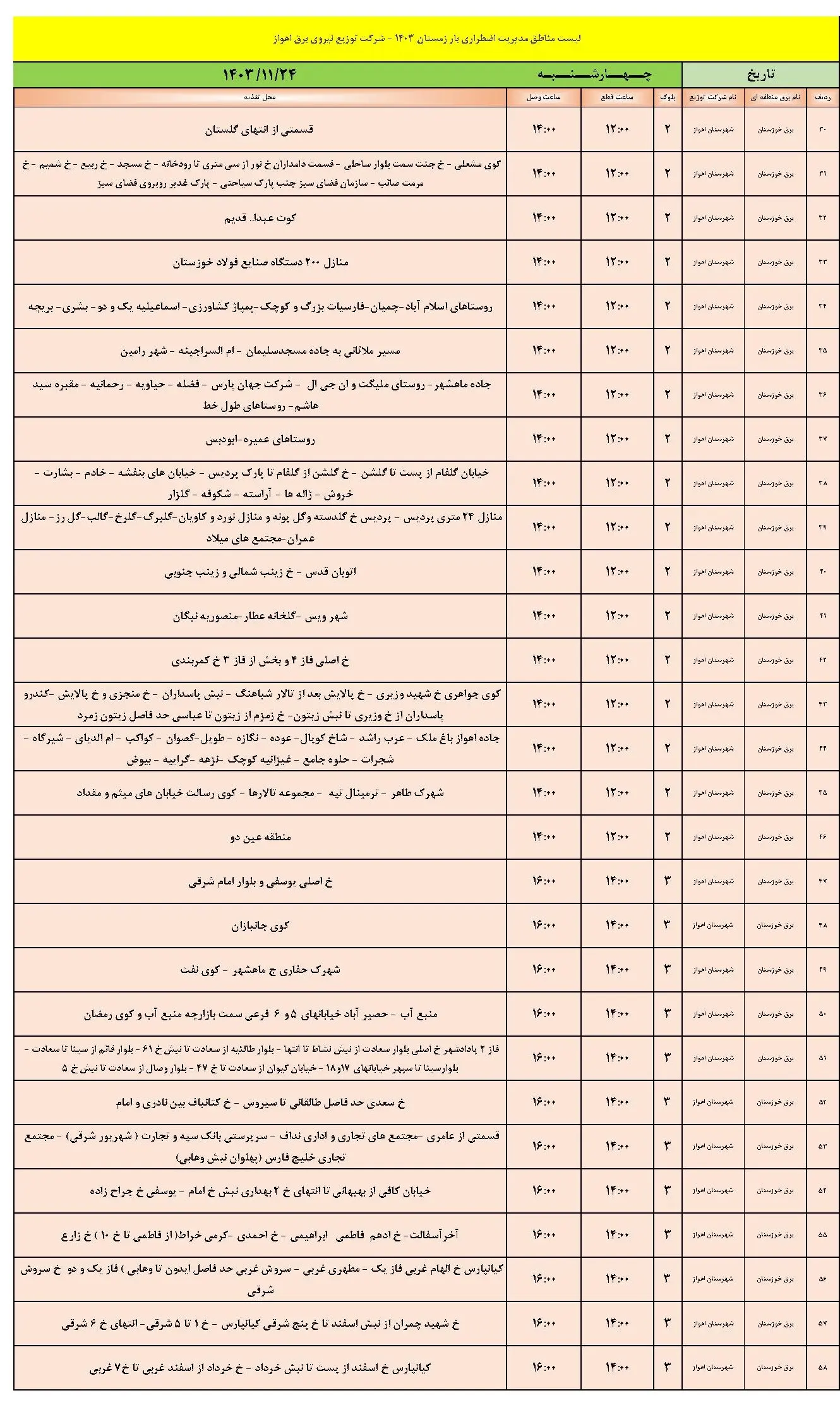 جدول خاموشی برق اهواز و برنامه قطعی برق اهواز چهارشنبه 24 بهمن 1403 (2)