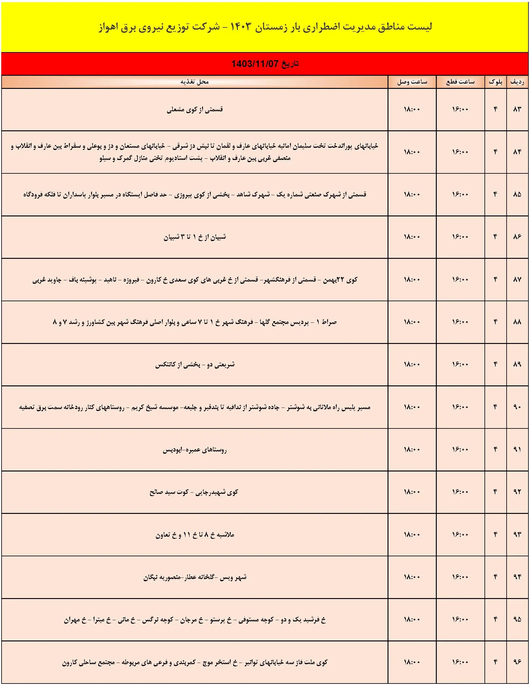 جدول خاموشی برق و قطعی برق اهواز امروز (7)