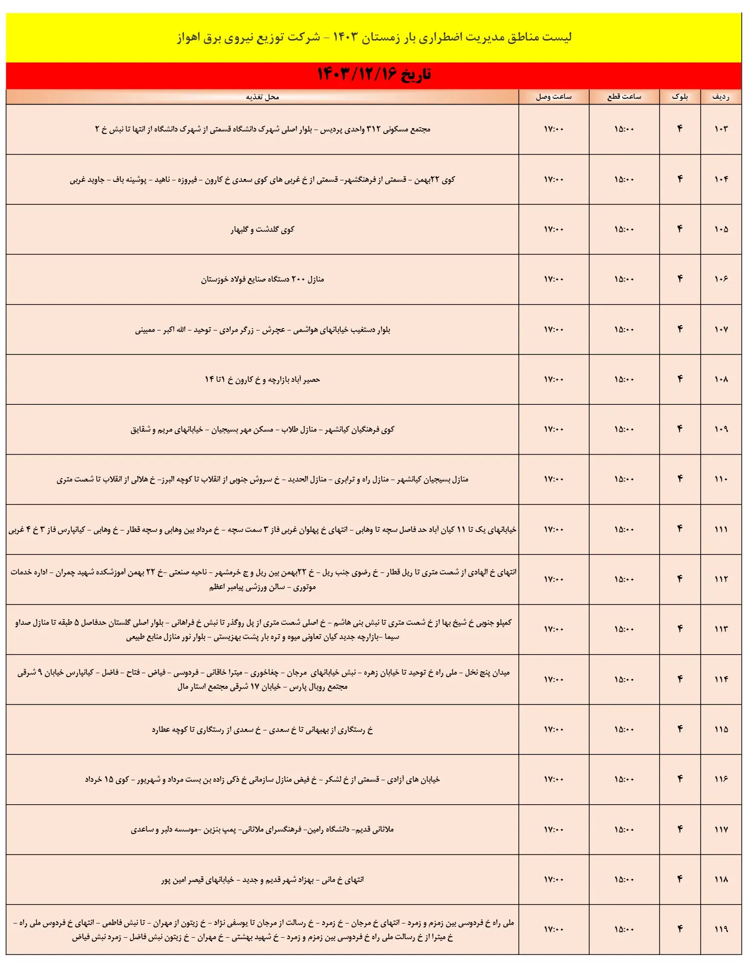 زمان قطعی برق اهواز16اسفند1403+جدول خاموشی برق (7)