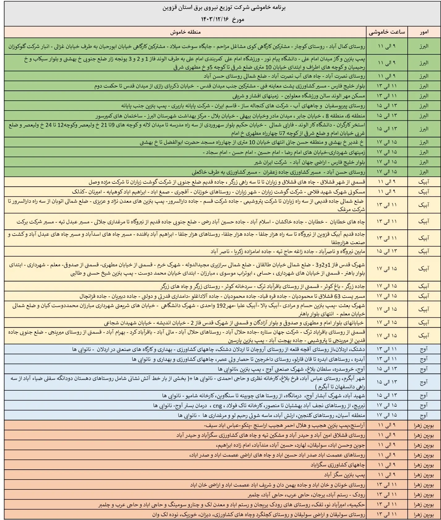 زمان قطعی برق قزوین16اسفند1403+جدول خاموشی برق (1)