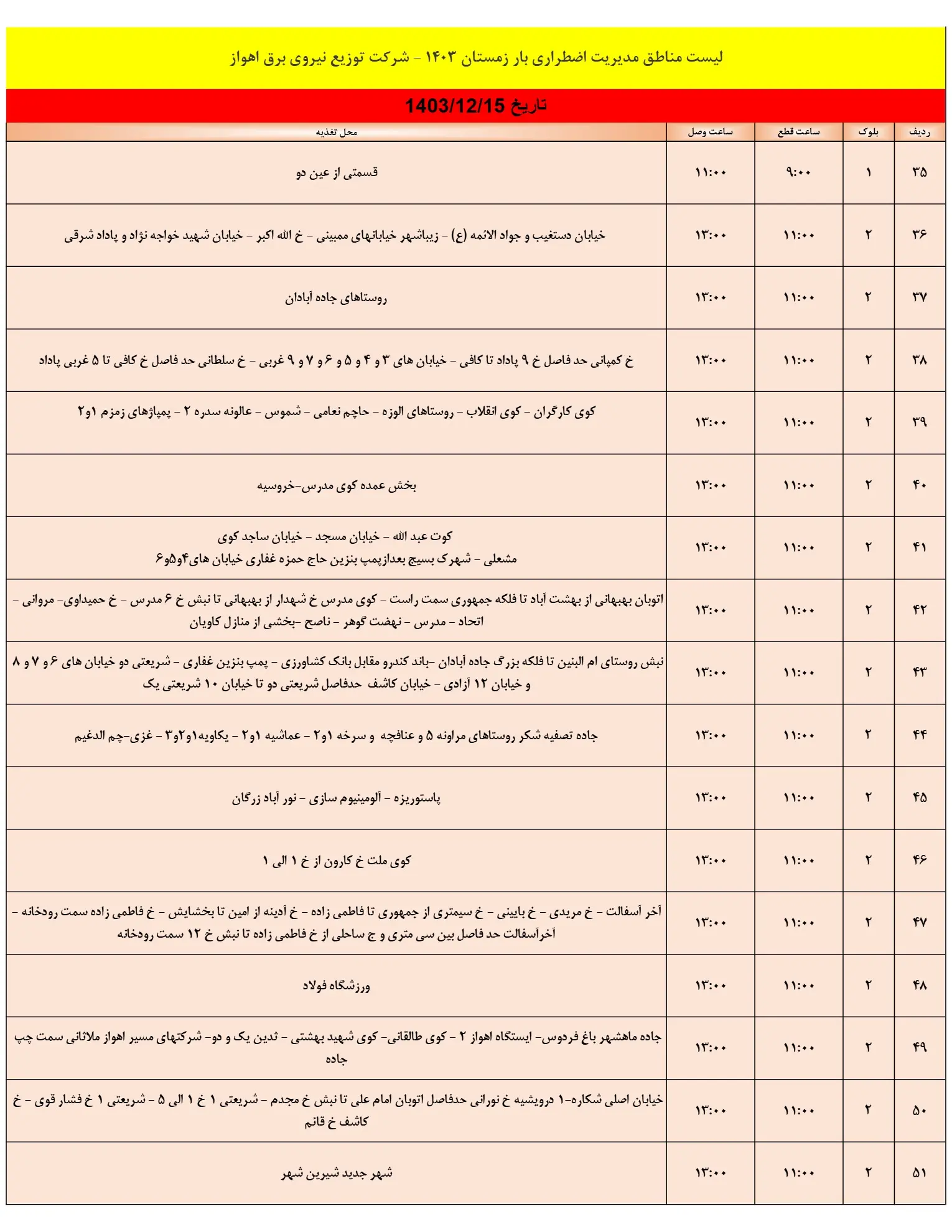 زمان قطعی برق اهواز15اسفند1403+جدول خاموشی برق اهواز و خوزستان15اسفند1403 (3)