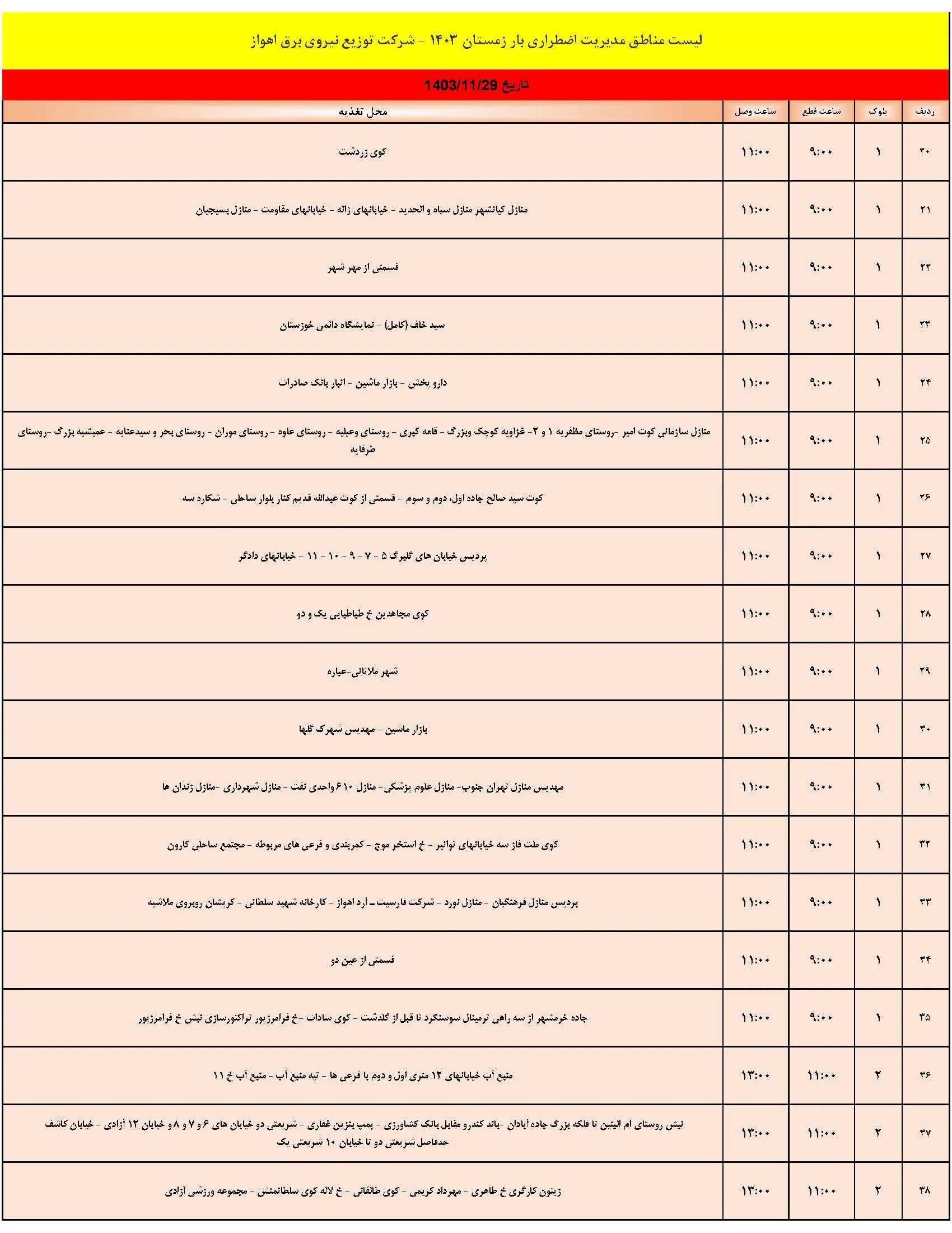 برنامه قطعی برق و جدول خاموشی برق اهواز دوشنبه 29 بهمن 1403 (2)