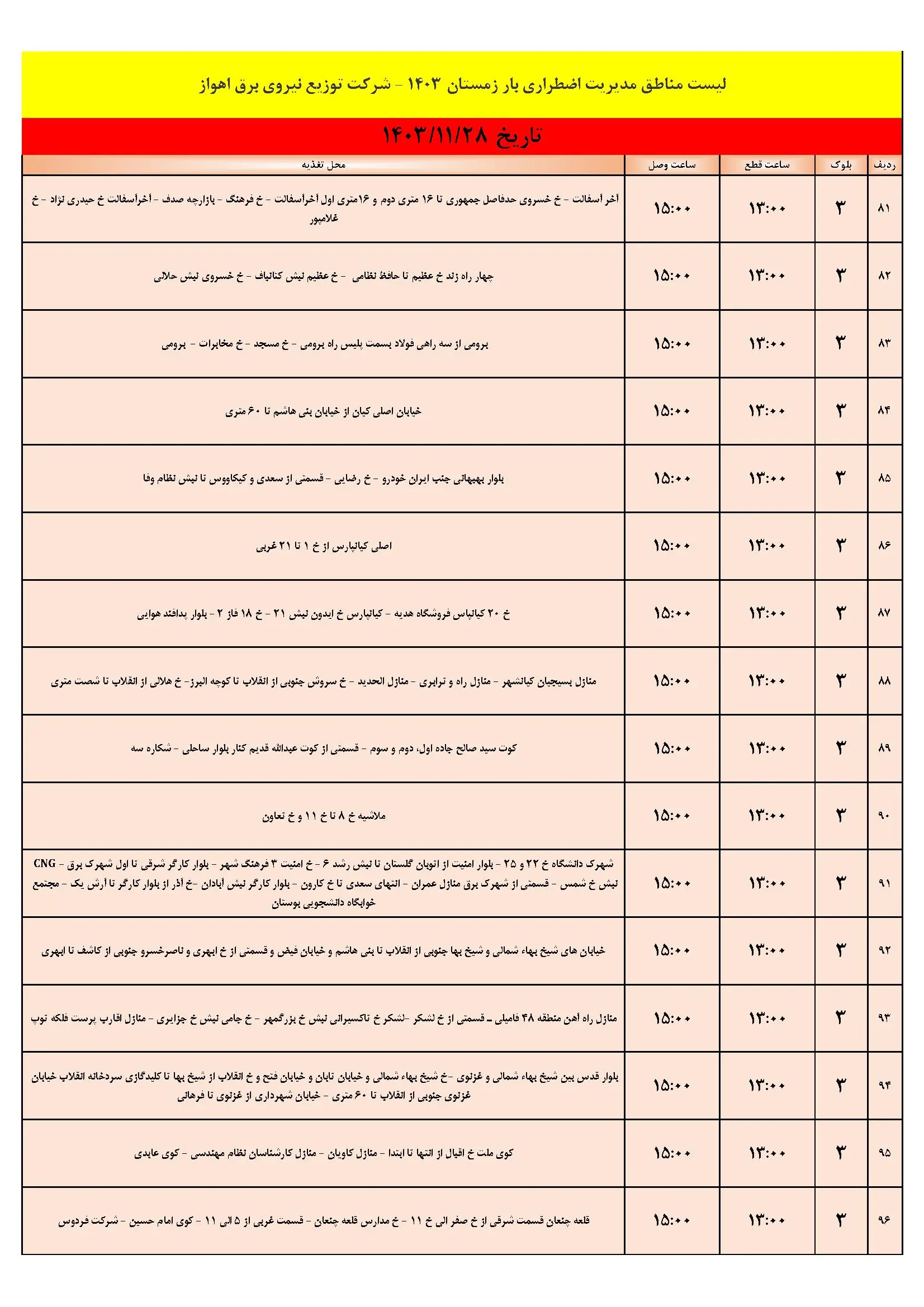 برنامه قطعی برق اهواز و جدول خاموشی برق اهواز یکشنبه 28 بهمن 1403 (6)