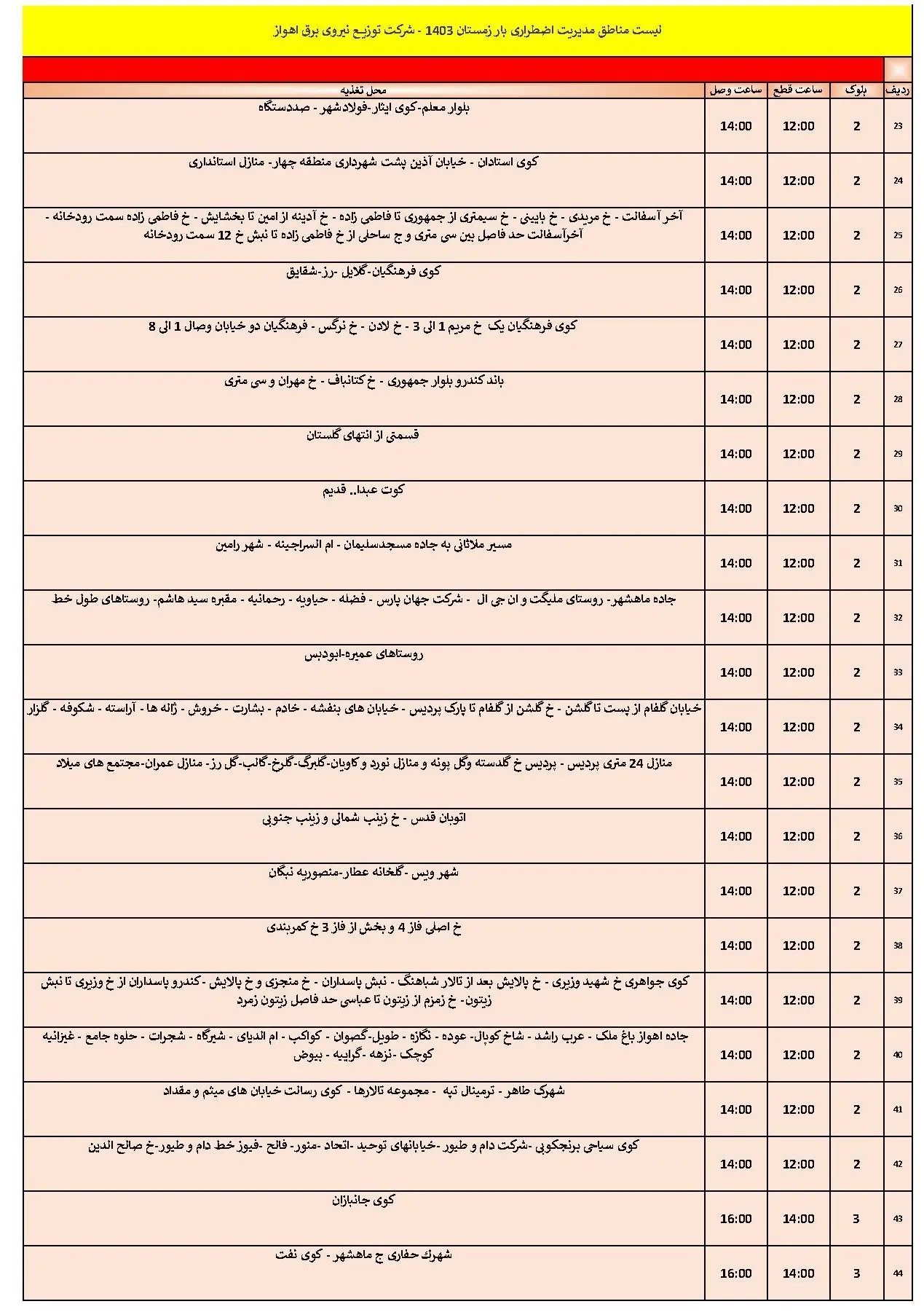 جدول خاموشی برق اهواز و زمان قطعی برق اهواز شنبه 20 بهمن 1403 (2)