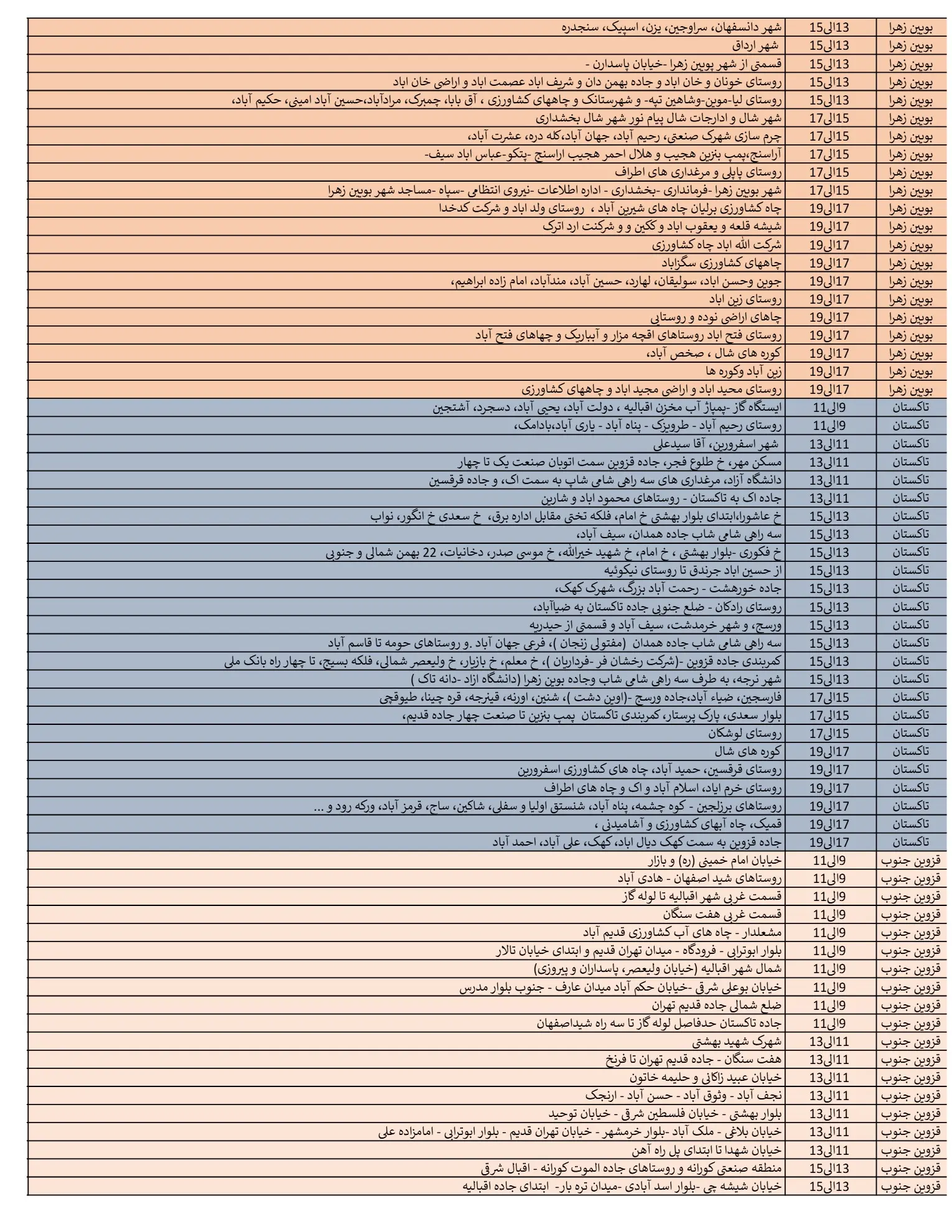 جدول قطعی برق قزوین11اسفند1403 (2)