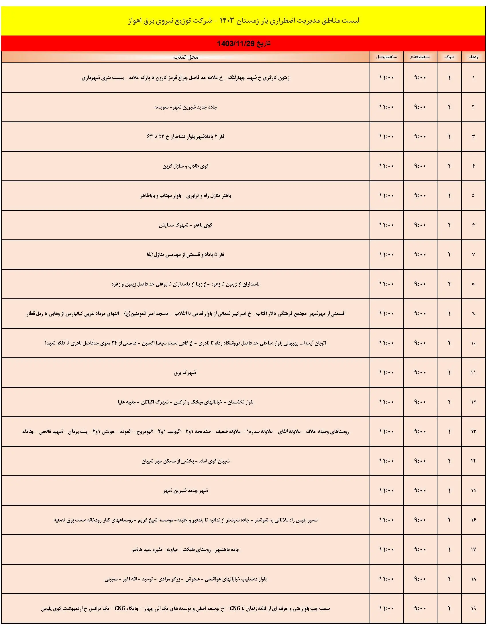 برنامه قطعی برق و جدول خاموشی برق اهواز دوشنبه 29 بهمن 1403 (1)