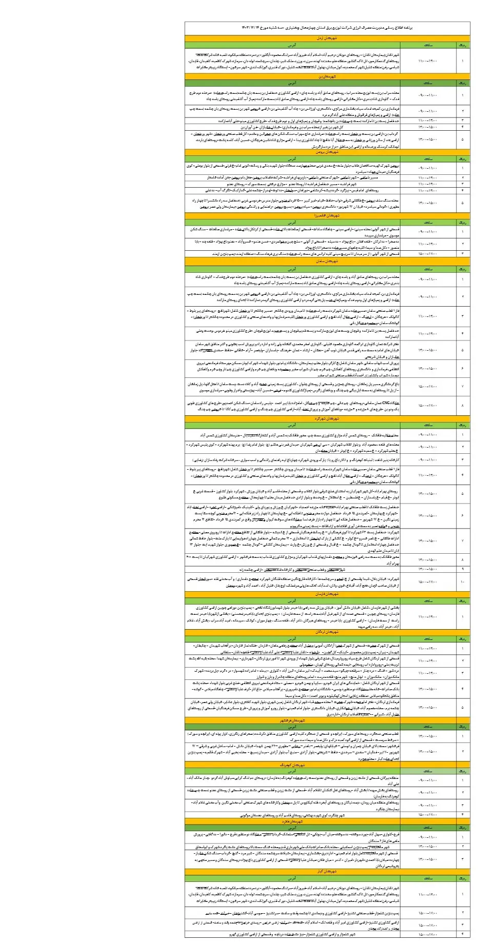 زمان قطعی برق چهارمحال و بختیاری14اسفند1403+جدول خاموشی برق