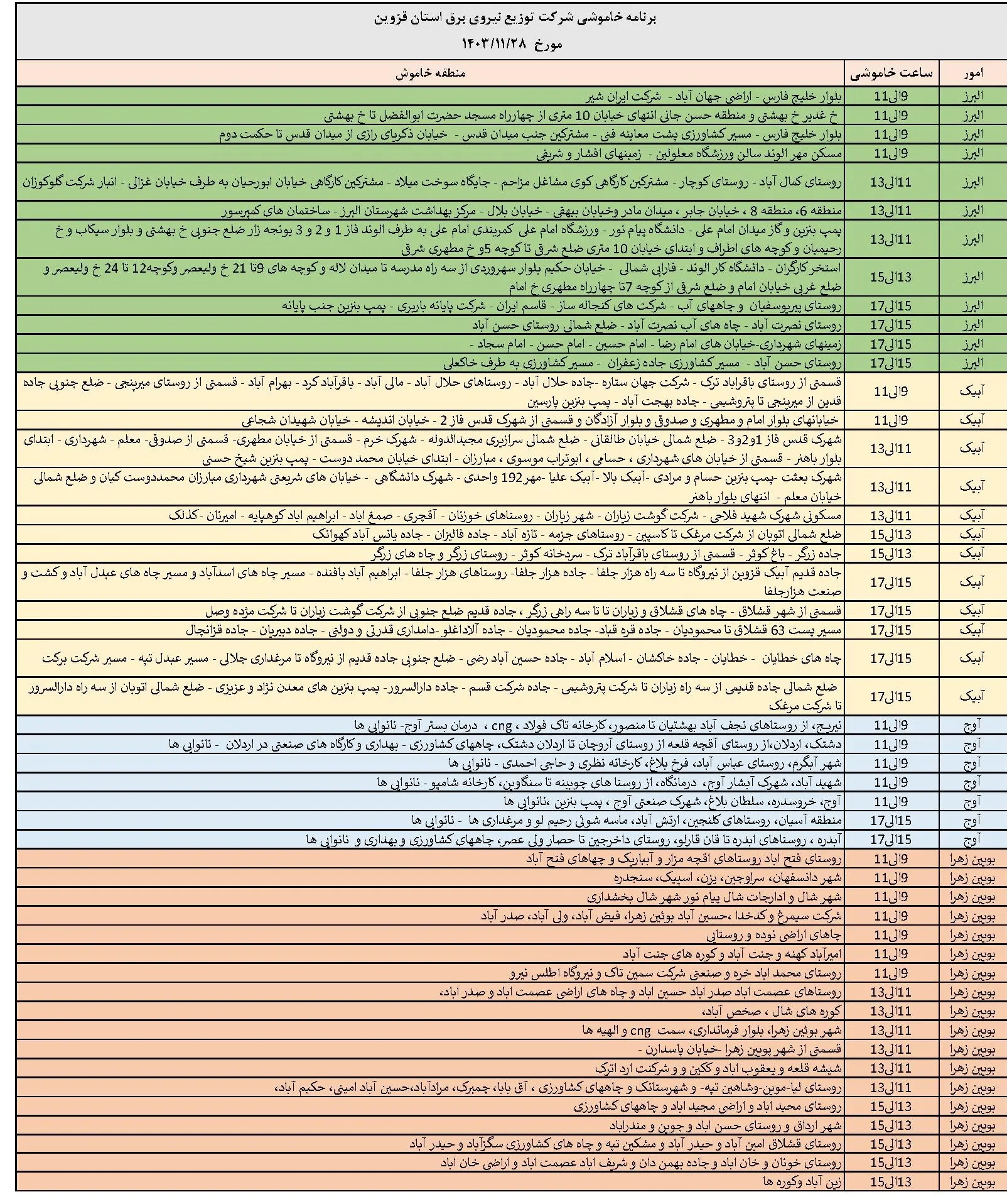 برنامه قطعی برق قزوین و جدول خاموشی برق قزوین یکشنبه 28 بهمن1403 (1)