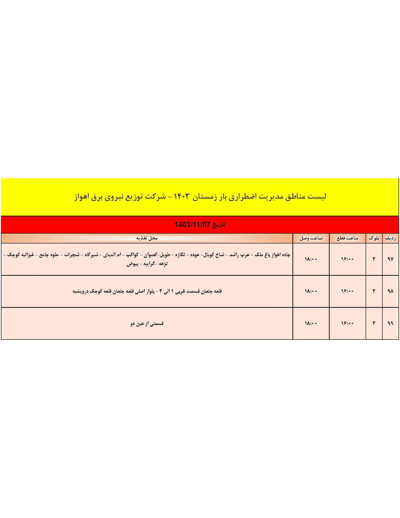 جدول خاموشی برق و قطعی برق اهواز امروز (8)