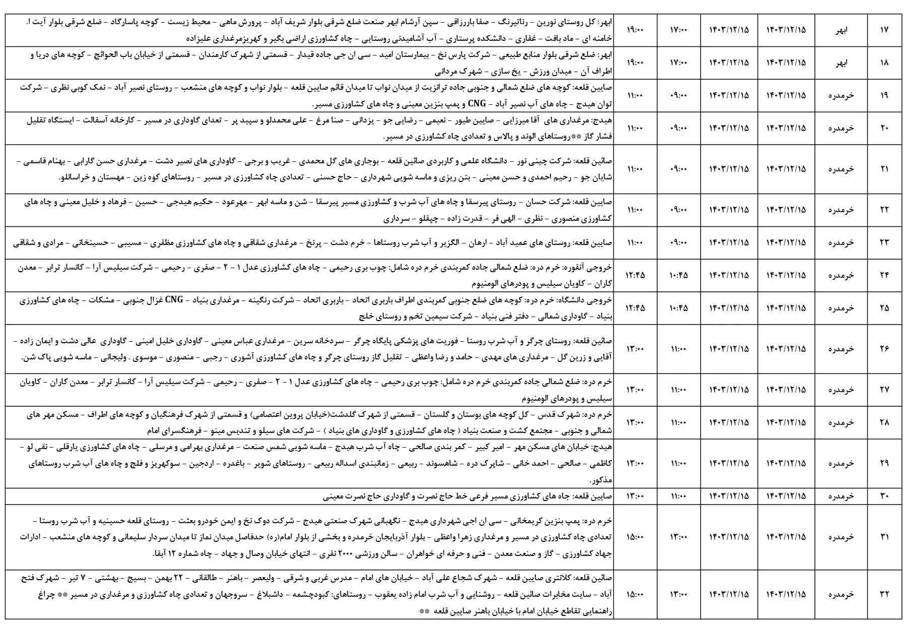 زمان قطعی برق زنجان15اسفند1403+جدول خاموشی برق (2)