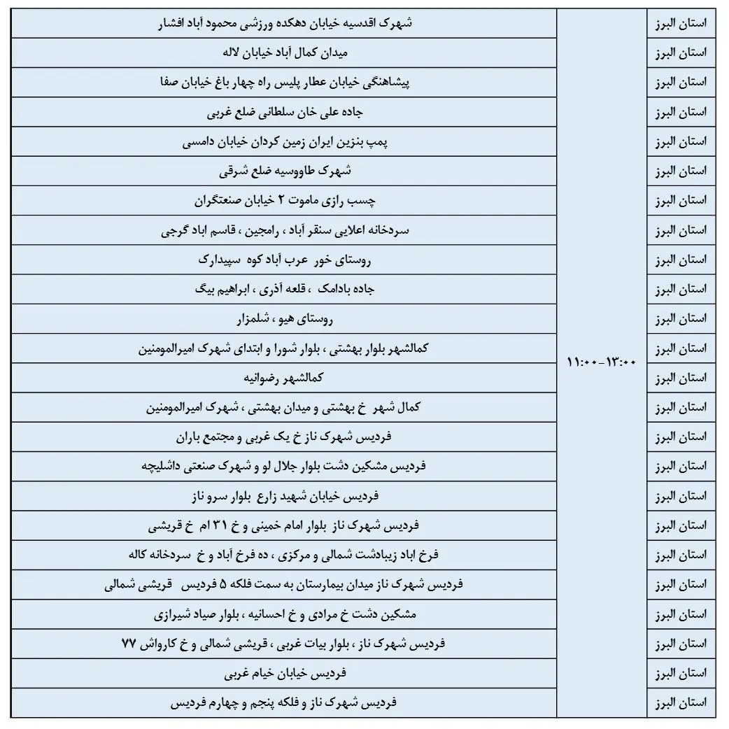 زمان قطعی برق و جدول خاموشی برق البرز و کرج 8 اسفند1403 (2)