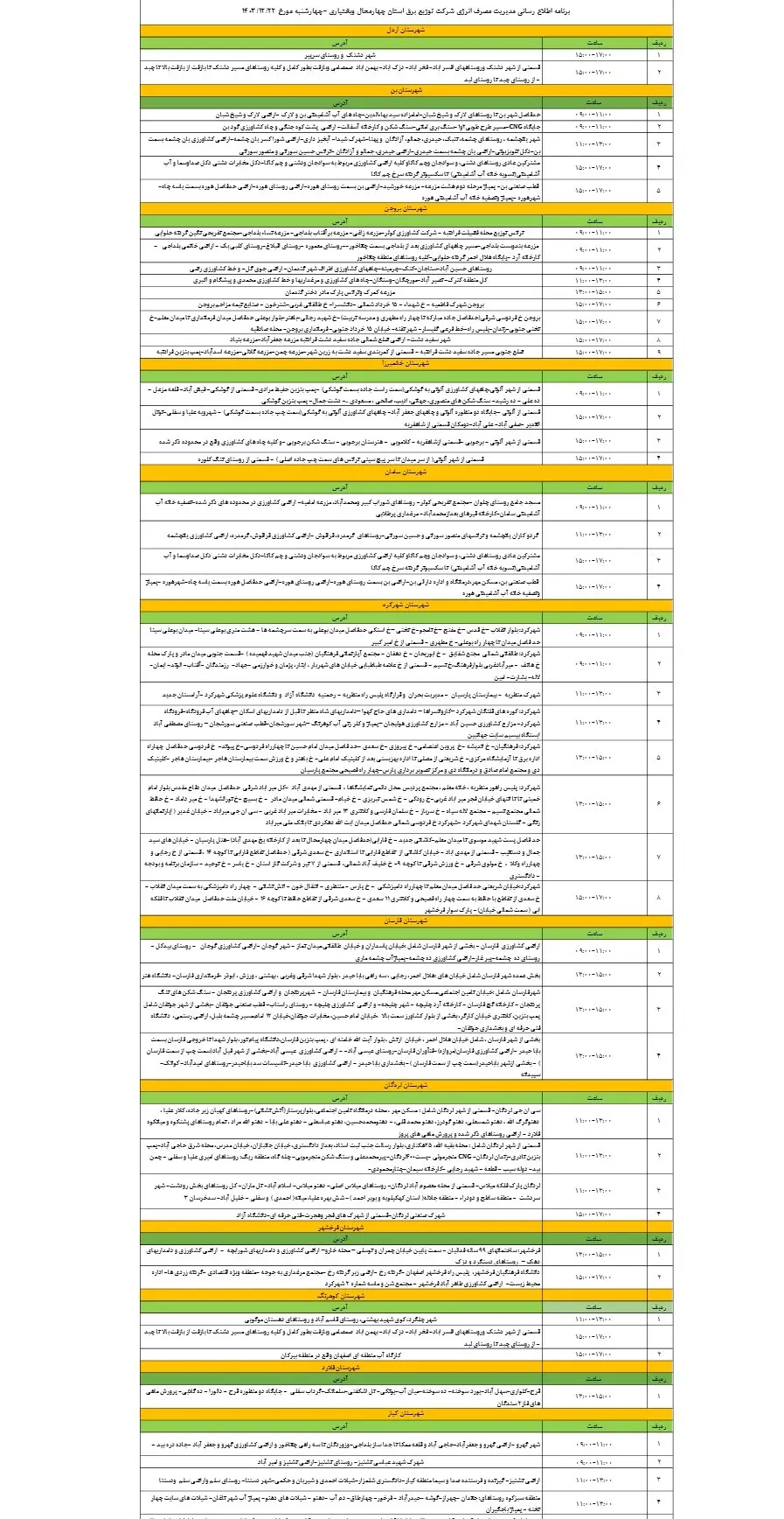 جدول خاموشی برق چهارمحال و بختیاری و زمان قطعی برق 22 اسفند 1403