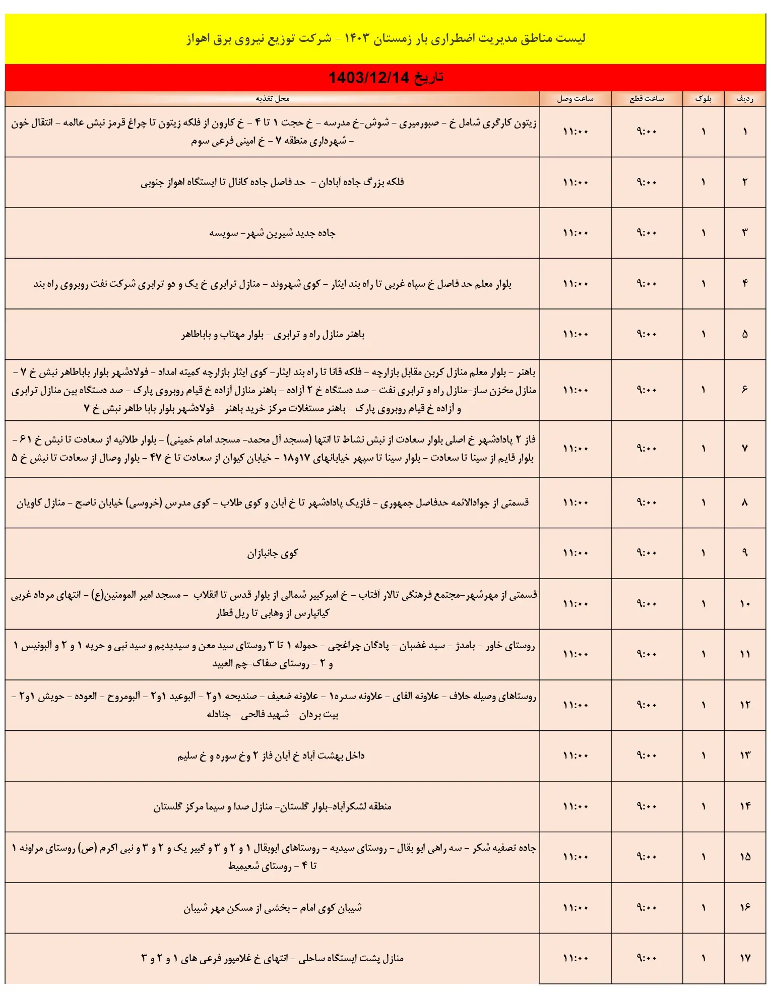 زمان قطعی برق اهواز14اسفند+جدول خاموشی برق خوزستان 14اسفند1403 (1)