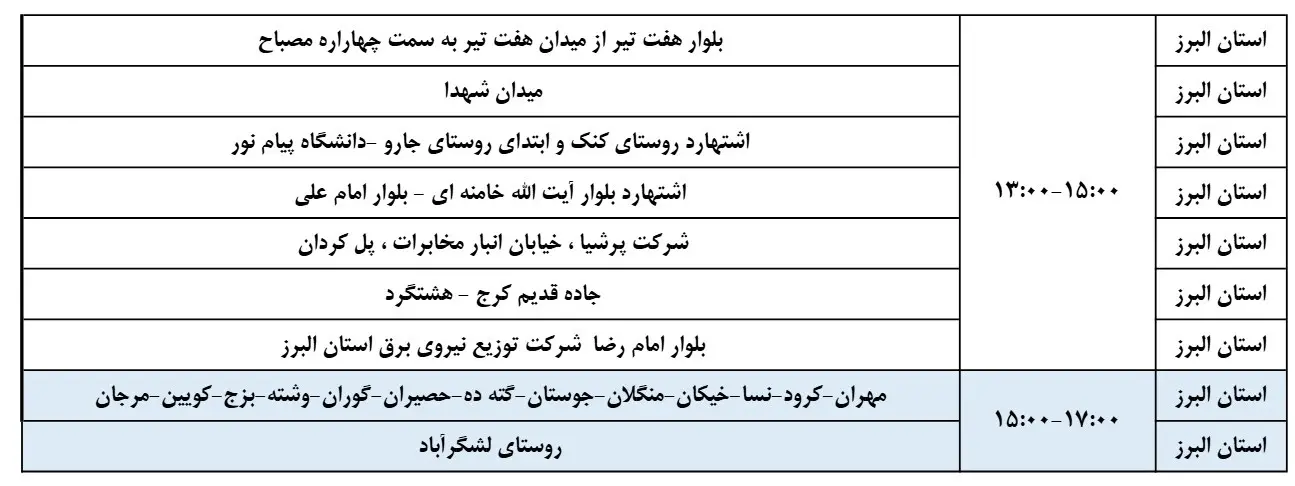 جدول خاموشی برق و زمان قطعی برق البرز و کرج سه شنبه 21 اسفند 1403 (2)
