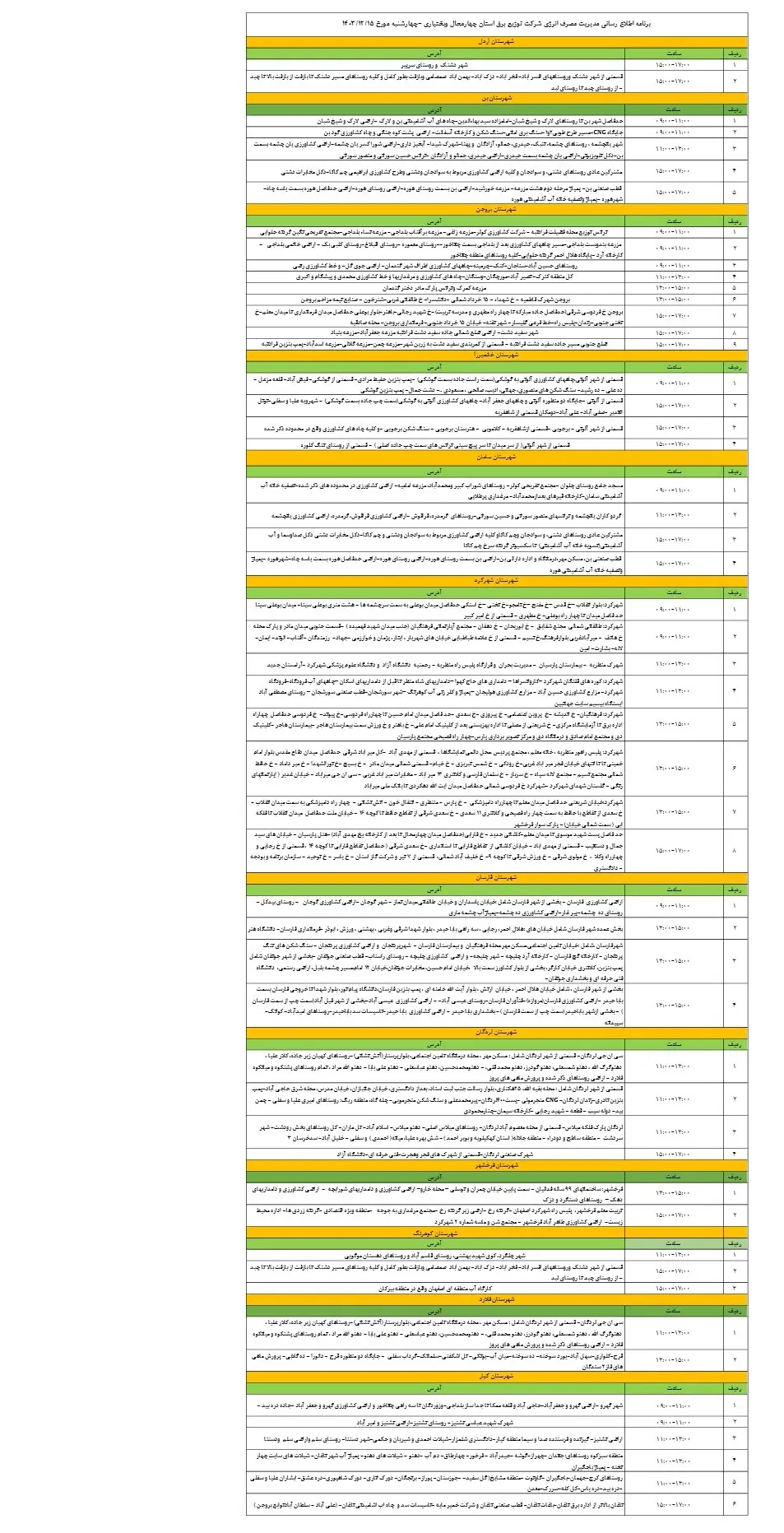 زمان قطعی برق چهارمحال و بختیاری15 اسفند1403+جدول خاموشی برق