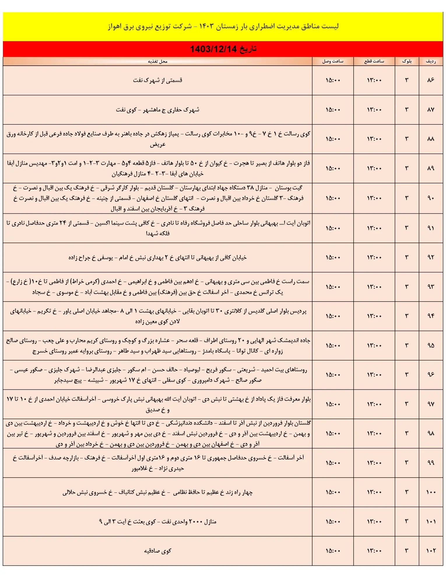 زمان قطعی برق اهواز14اسفند+جدول خاموشی برق خوزستان 14اسفند1403 (6)