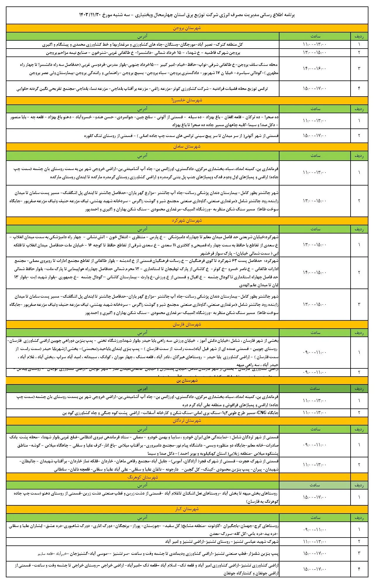 برنامه قطعی برق چهارمحال و بختیاری و جدول خاموشی برق شهرکرد سه شنبه 30 بهمن 1403