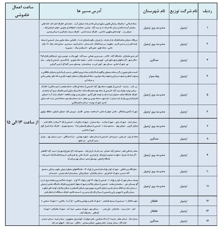 جدول خاموشی برق اردبیل و برنامه قطعی برق اردبیل (3)