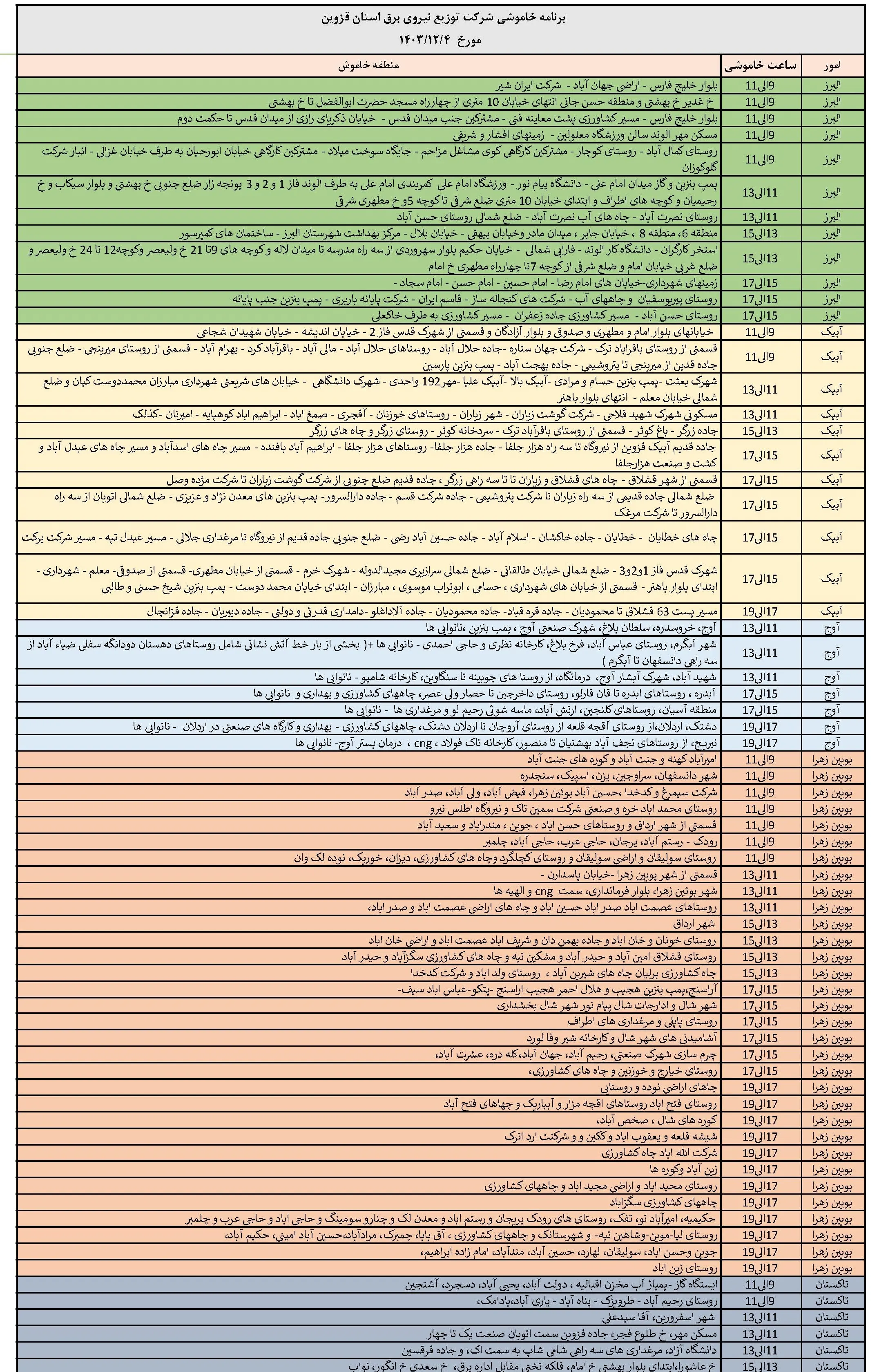 برنامه قطعی برق قزوین شنبه 4 اسفند 1403 و جدول خاموشی برق قزوین  (1)