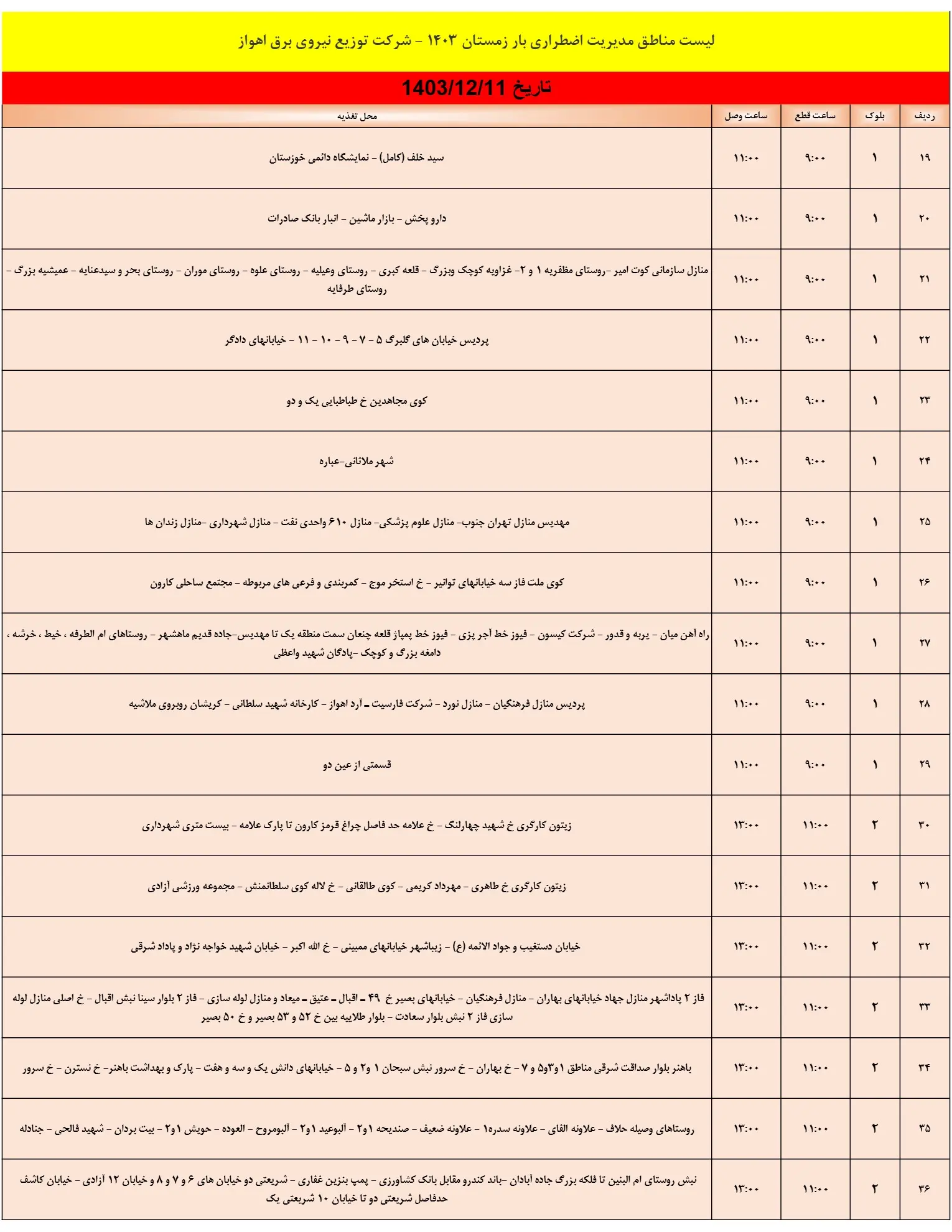 زمان قطعی برق اهواز11اسفند1403+جدول خاموشی برق خوزستان (2)