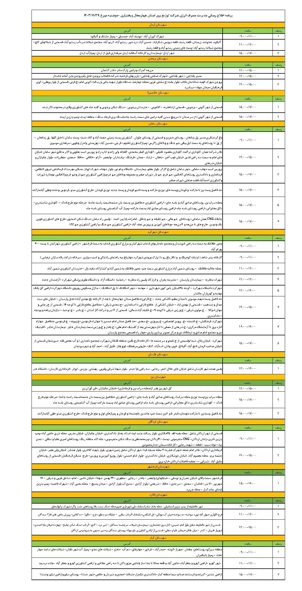 برنامه قطعی برق چهارمحال و بختیاری و جدول خاموشی برق دوشنبه 29 بهمن 1403