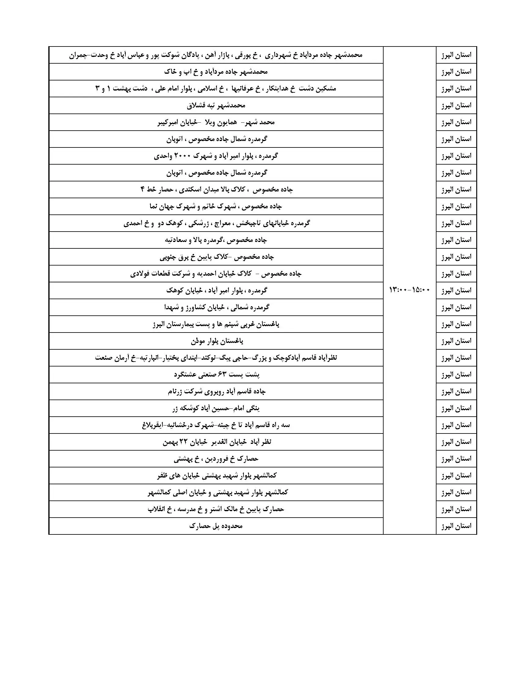 جدول قطعی برق البرز و جدول خاموشی برق کرج (3)