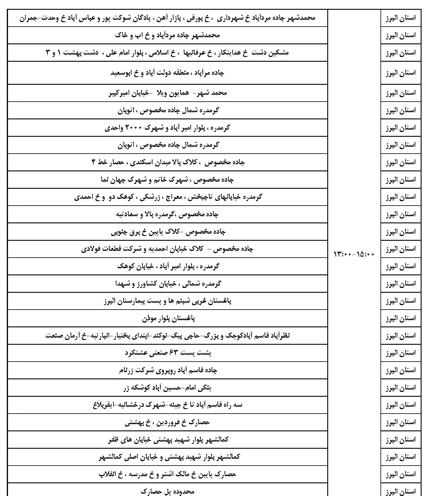 لیست برنامه قطعی برق البرز و جدول خاموشی برق کرج شنبه 4 اسفند 1403 (3)