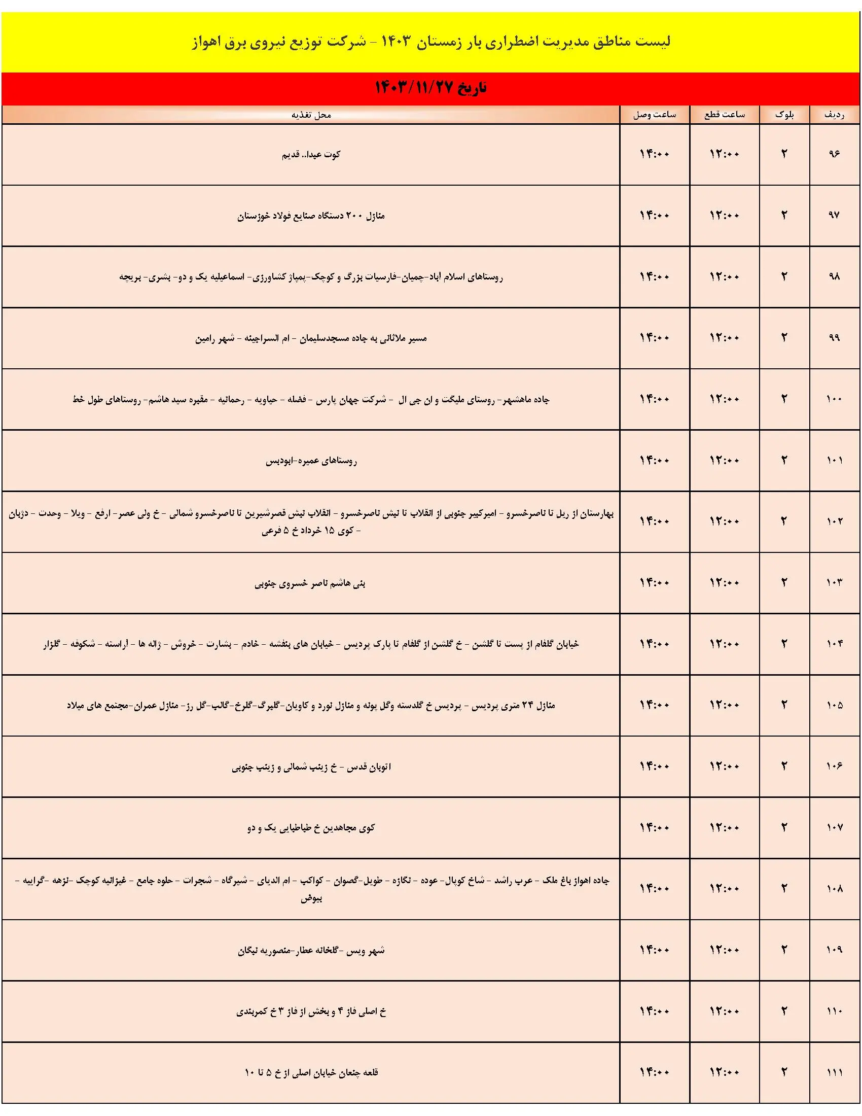 جدول خاموشی برق اهواز و برنامه قطعی برق شنبه 27 بهمن 1403 (7)