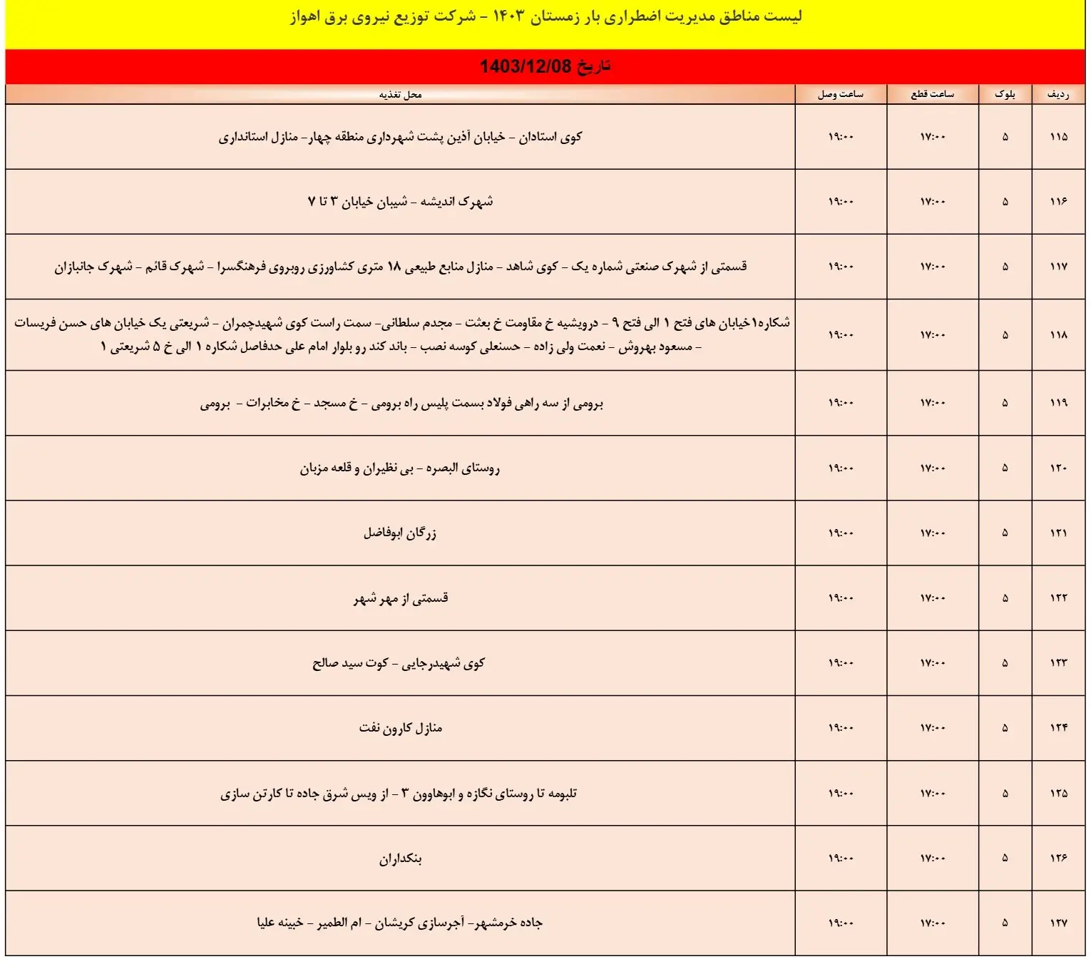 جدول خاموشی برق اهواز و زمان قطعی برق خوزستان 8اسفند1403 (7)