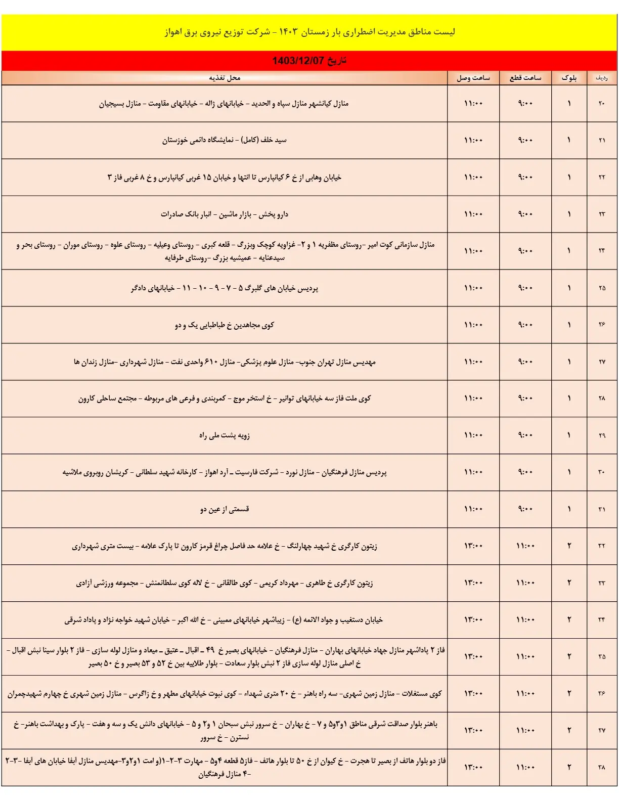 جدول خاموشی برق و قطعی برق اهواز سه شنبه7اسفند1403 (2)