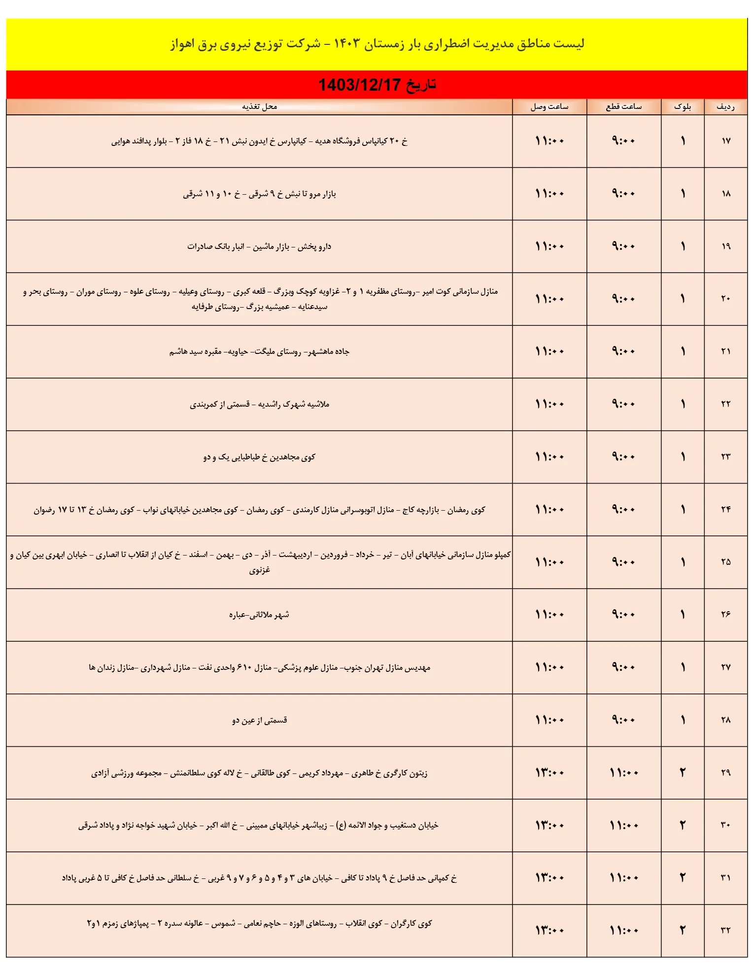 زمان قطعی برق اهواز فردا جمعه17اسفند1403 (2)